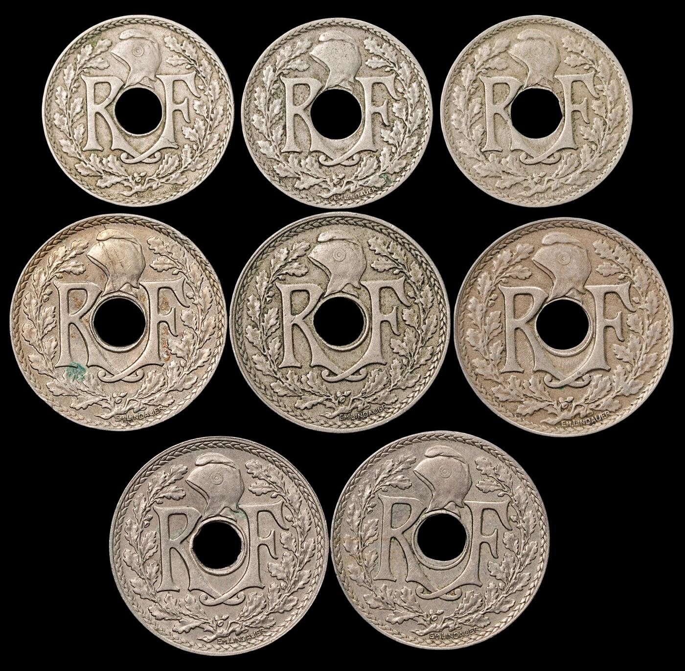 修遠堂世界钱币第四十八期 全场包邮 1917-1937年法国中孔10，25分一组