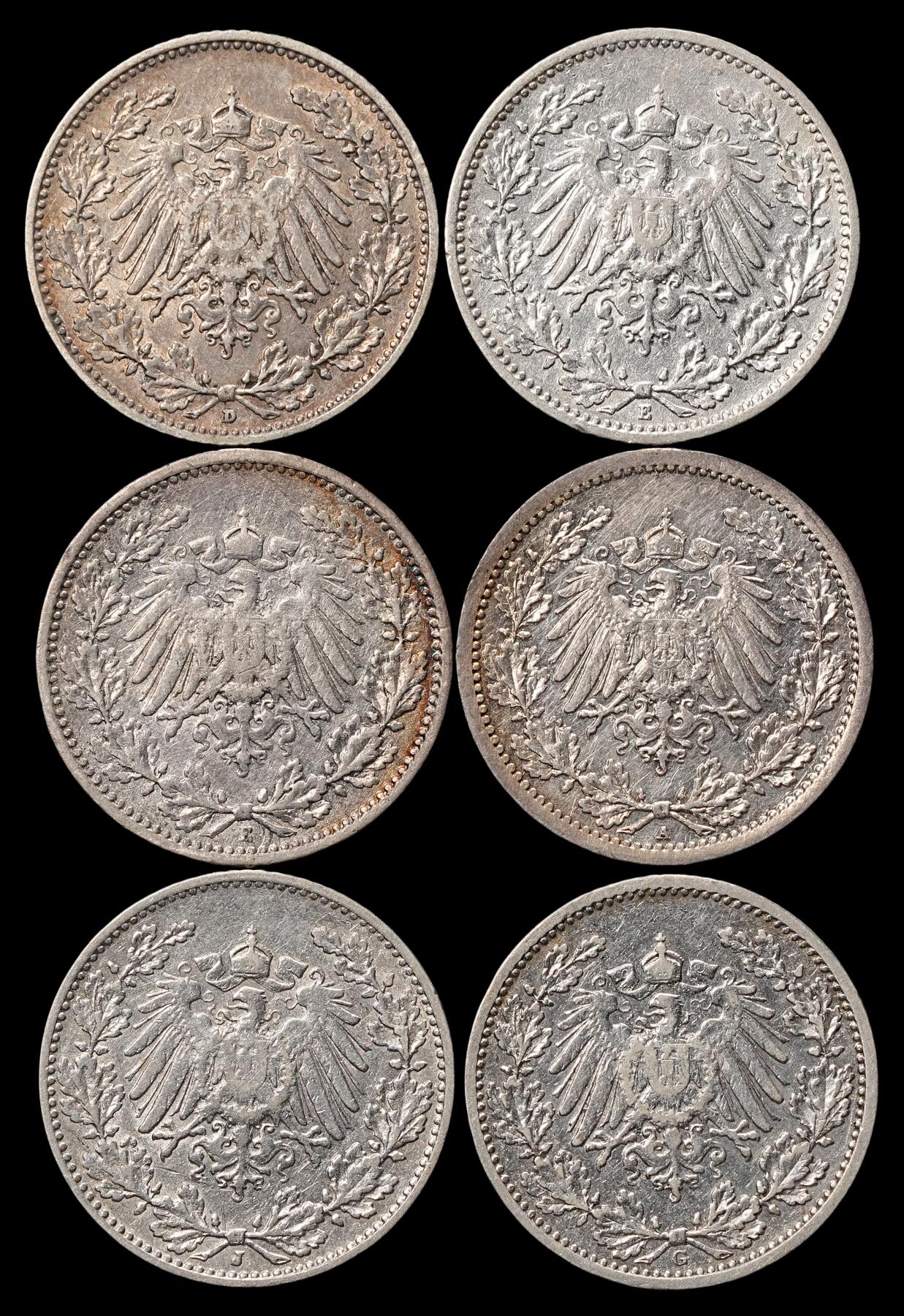 修遠堂世界钱币第四十八期 全场包邮 1905-1914年德国1/2马克一组 年份厂铭不重复 一枚有人为划伤 16.41g
