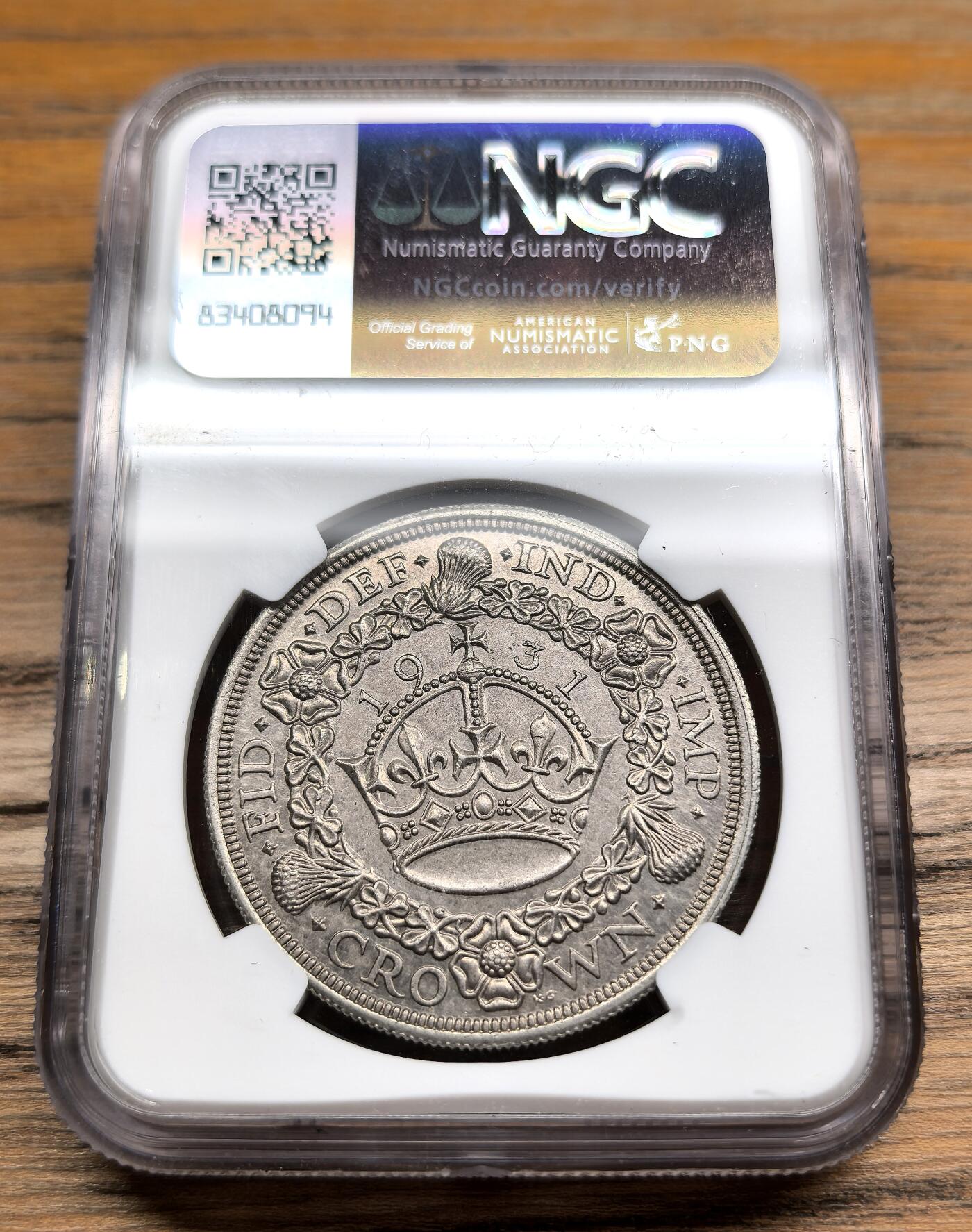 凡希社世界钱币微拍第二百九十一期 1931英国乔五花冠克朗大银NGC-AU58，仅发行4056枚，在所有九个年份里排第四稀有。