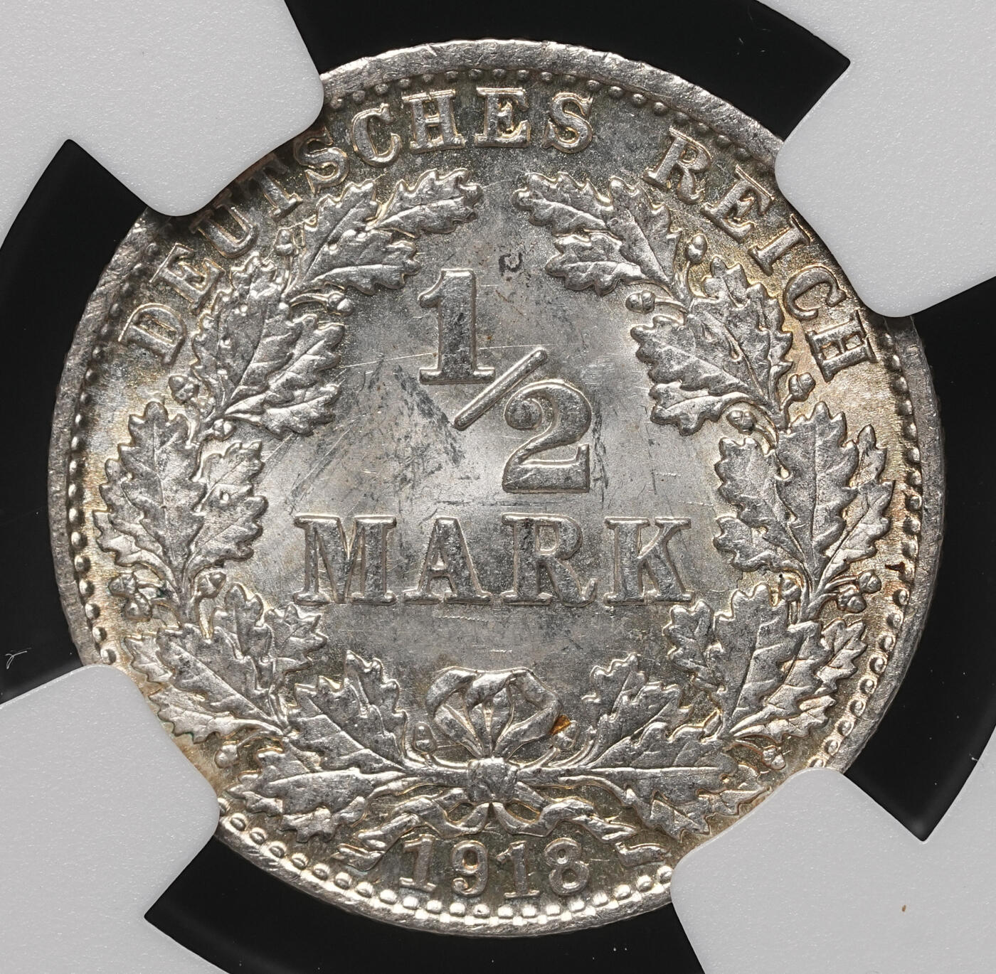 修遠堂世界钱币第四十八期 全场包邮 NGC MS65 1918年德国1/2马克银币 D厂铭
