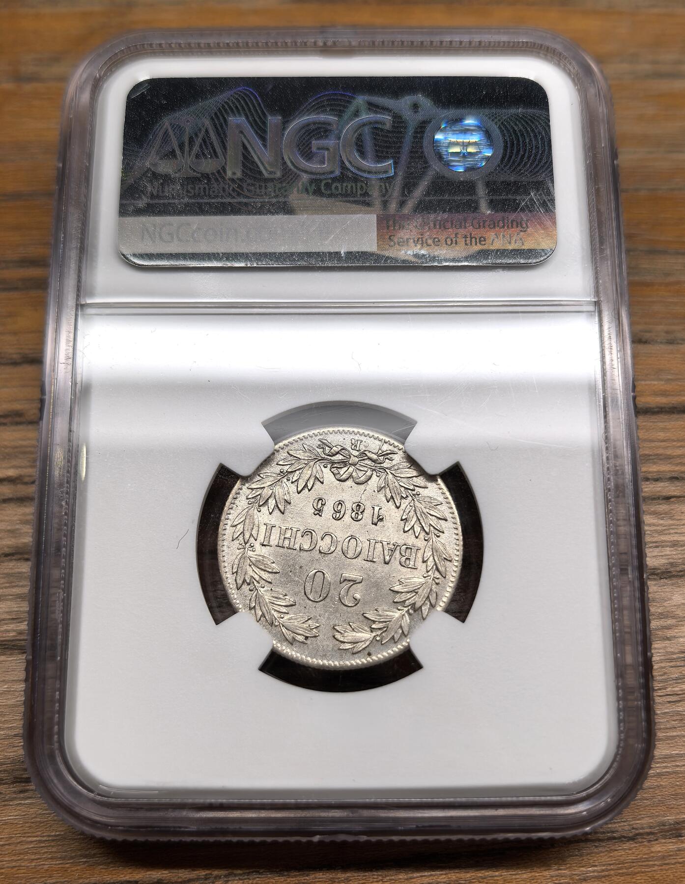 凡希社世界钱币微拍第二百九十一期 1865教皇国庇护九世20B银辅币NGC-AUD