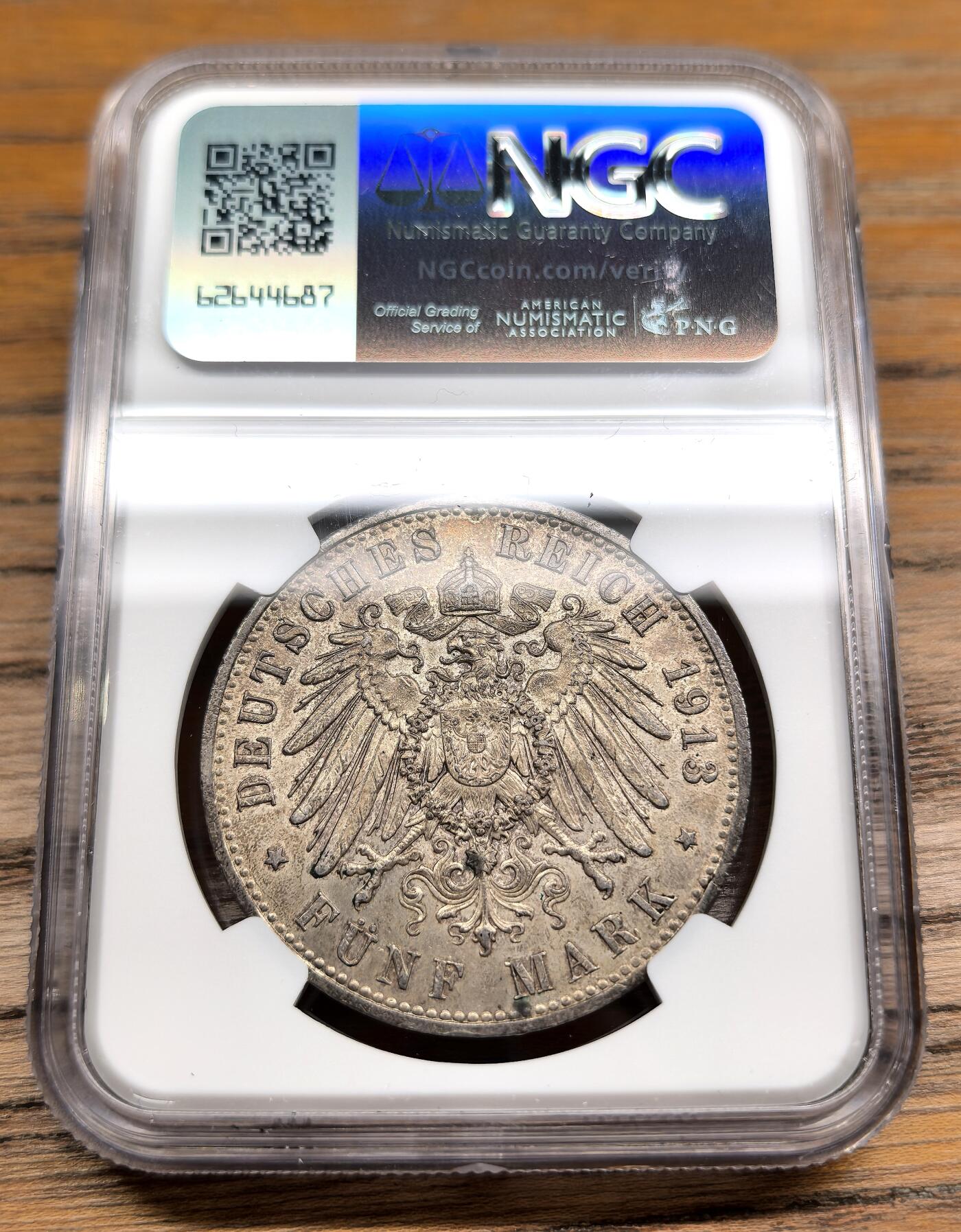凡希社世界钱币微拍第二百九十一期 1913德国普鲁士军装5马克大银NGC-MS62