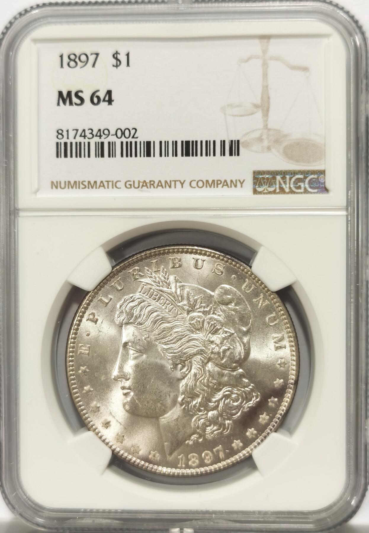 博洋堂世界钱币拍卖第102期（全场包邮） NGC MS64 美国1897摩根银币，币面干净丝绸光，值得收藏