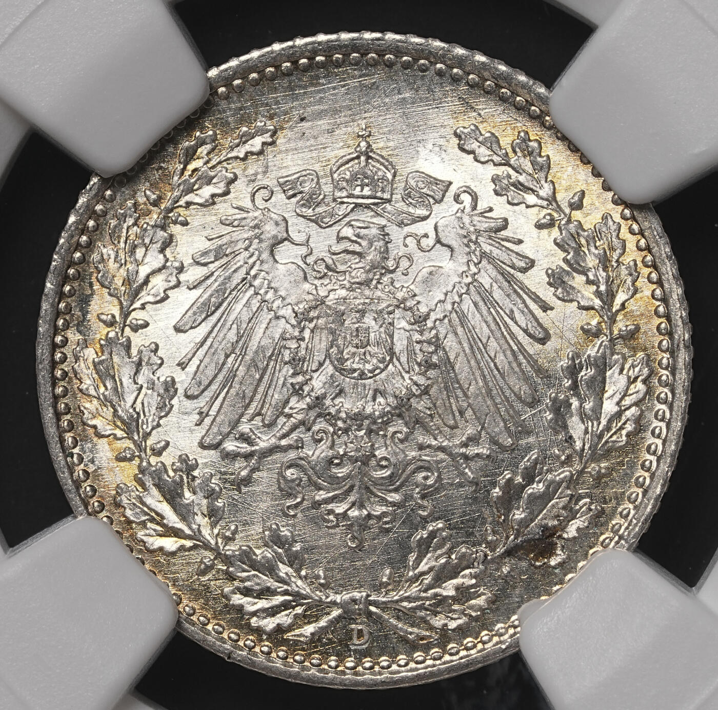 修遠堂世界钱币第四十八期 全场包邮 NGC MS65 1918年德国1/2马克银币 D厂铭