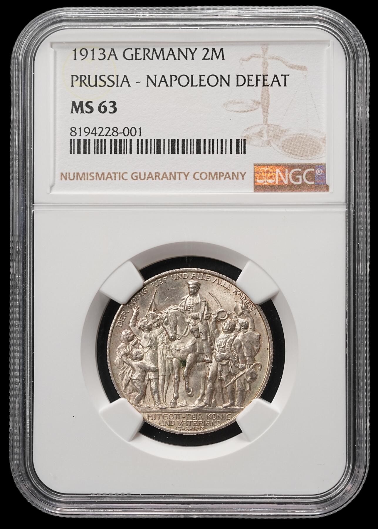 修遠堂世界钱币第四十八期 全场包邮 NGC MS63 1913年普鲁士战胜拿破仑百年纪念2马克银币