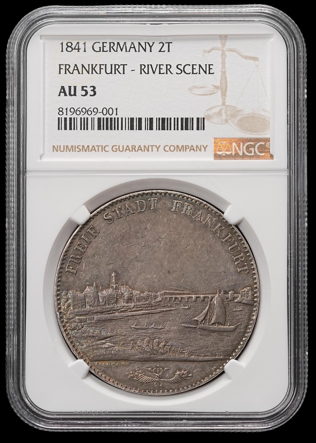 修遠堂世界钱币第四十八期 全场包邮 大热门品种 NGC AU53 1841年法兰克福城市景观2泰勒大银币 五彩包浆