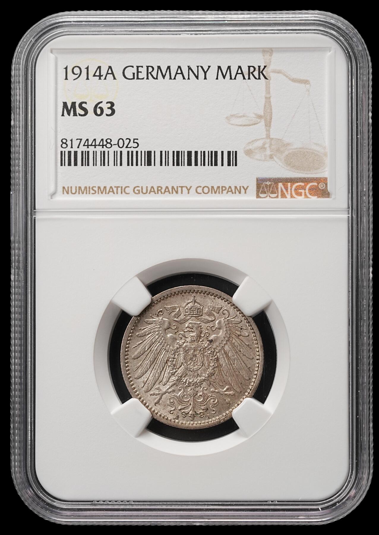修遠堂世界钱币第四十八期 全场包邮 NGC MS63 1914年德国1马克银币 A厂铭