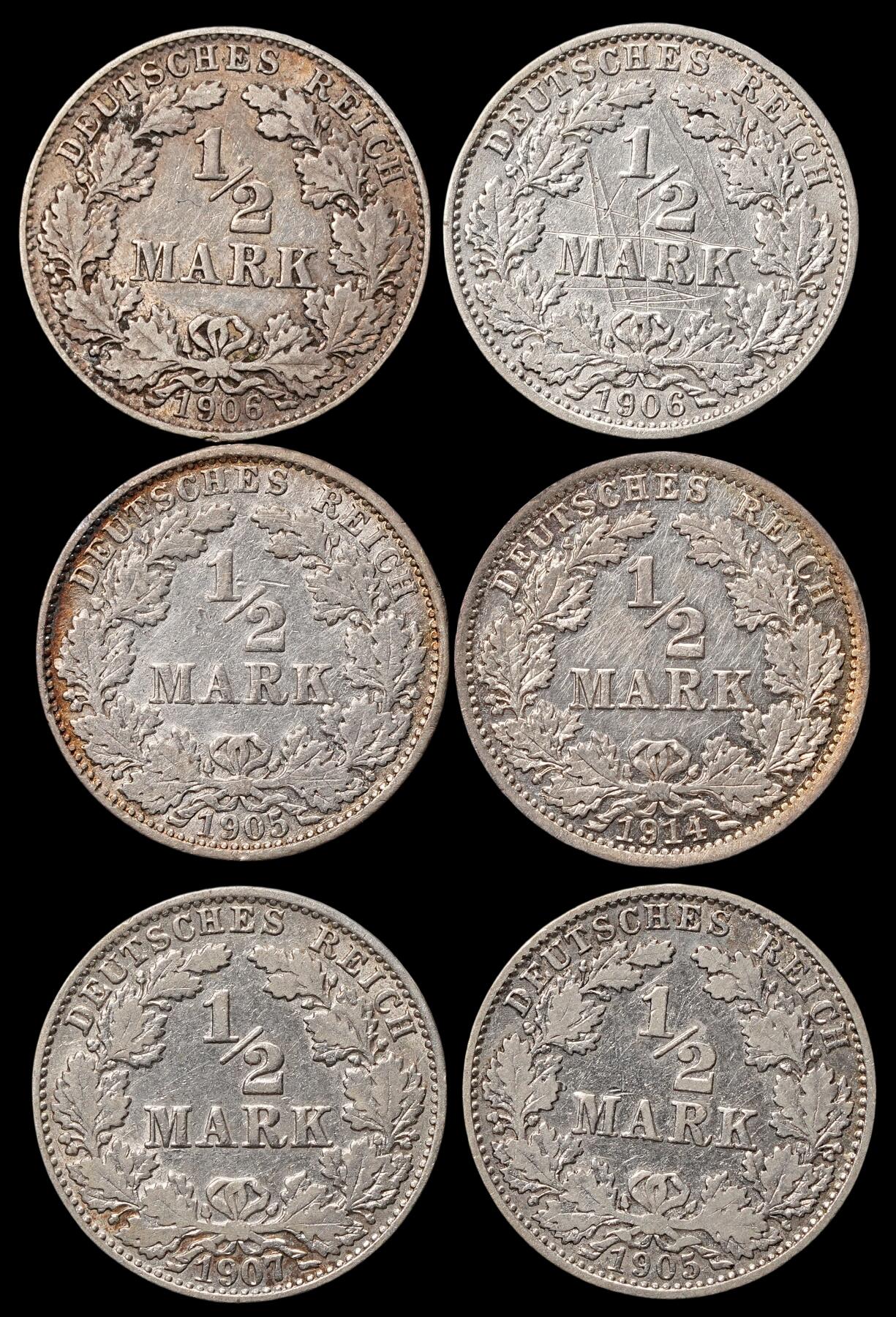 修遠堂世界钱币第四十八期 全场包邮 1905-1914年德国1/2马克一组 年份厂铭不重复 一枚有人为划伤 16.41g