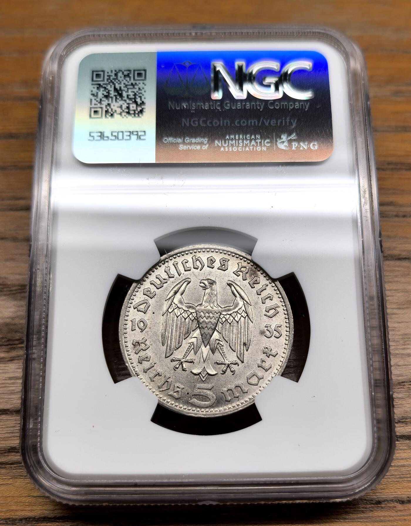 凡希社世界钱币微拍第二百九十一期 1935德国兴登堡5马克银币NGC-MS63
