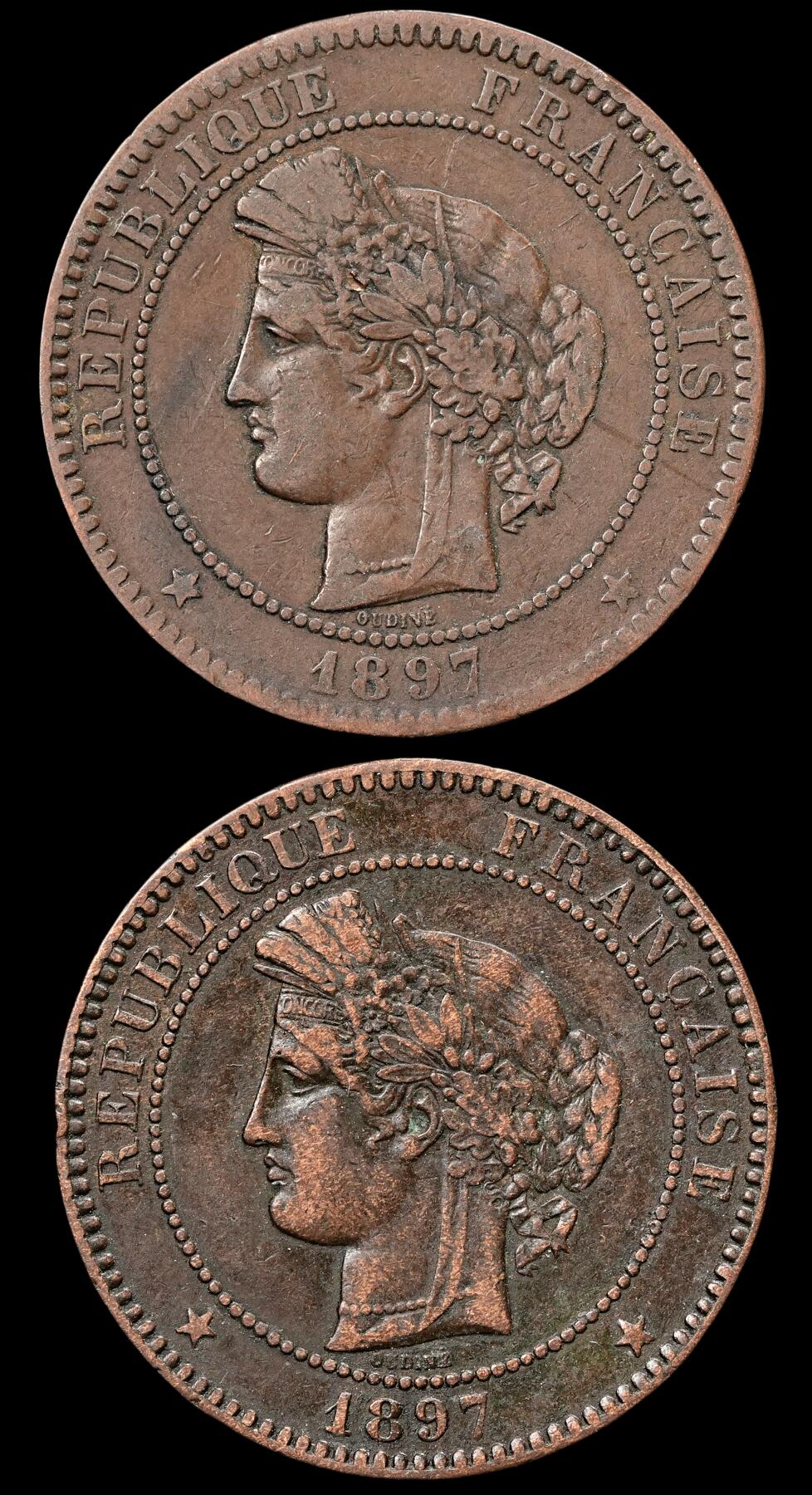 修遠堂世界钱币第四十八期 全场包邮 1897年法国谷物女神10分铜币两枚