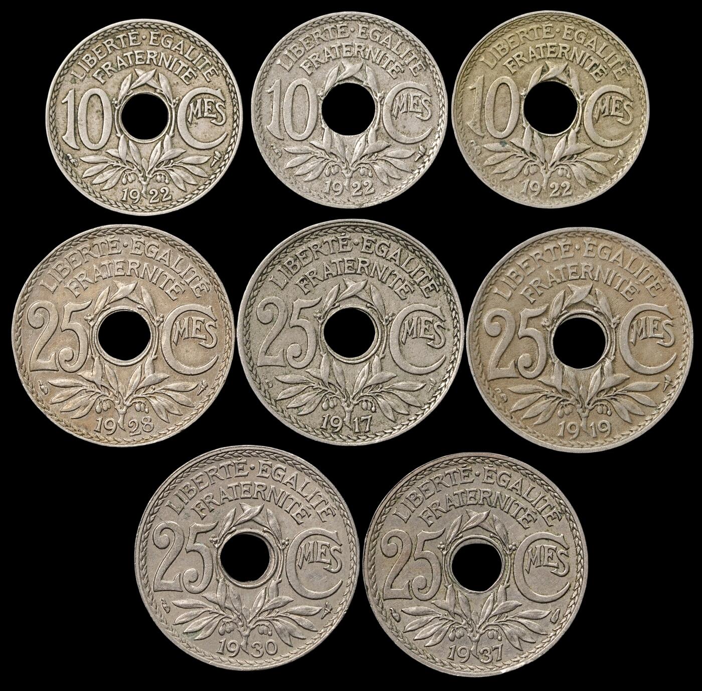 修遠堂世界钱币第四十八期 全场包邮 1917-1937年法国中孔10，25分一组