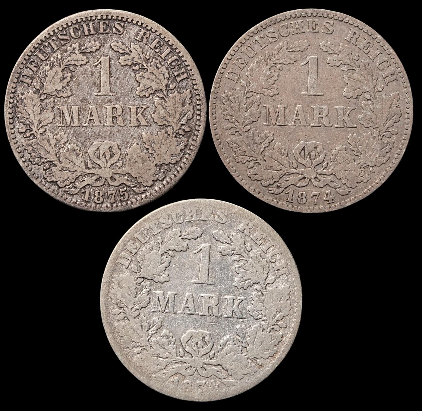 修遠堂世界钱币第四十八期 全场包邮 1874-1875年德国1马克银币3枚 16.04g