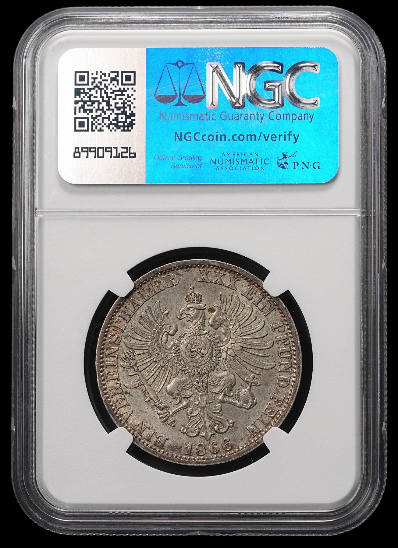 修遠堂世界钱币第四十八期 全场包邮 NGC MS62 1866年普鲁士-普奥战争胜利纪念1泰勒银币  上一期的拍品，买家未付款，继续拍