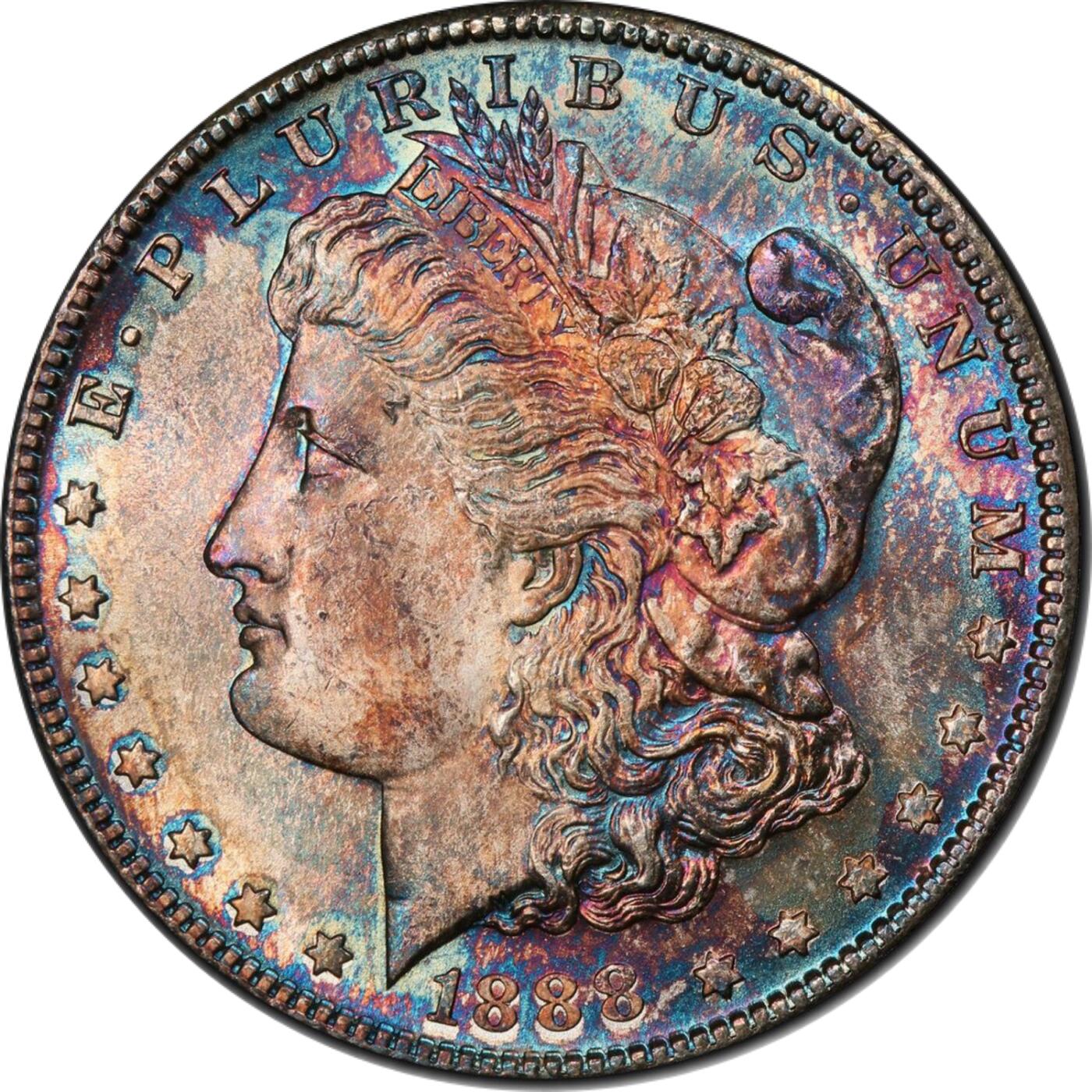 PCGS评级MS65分1888S版美国摩根银元原味五彩暴光 稀少年份版别