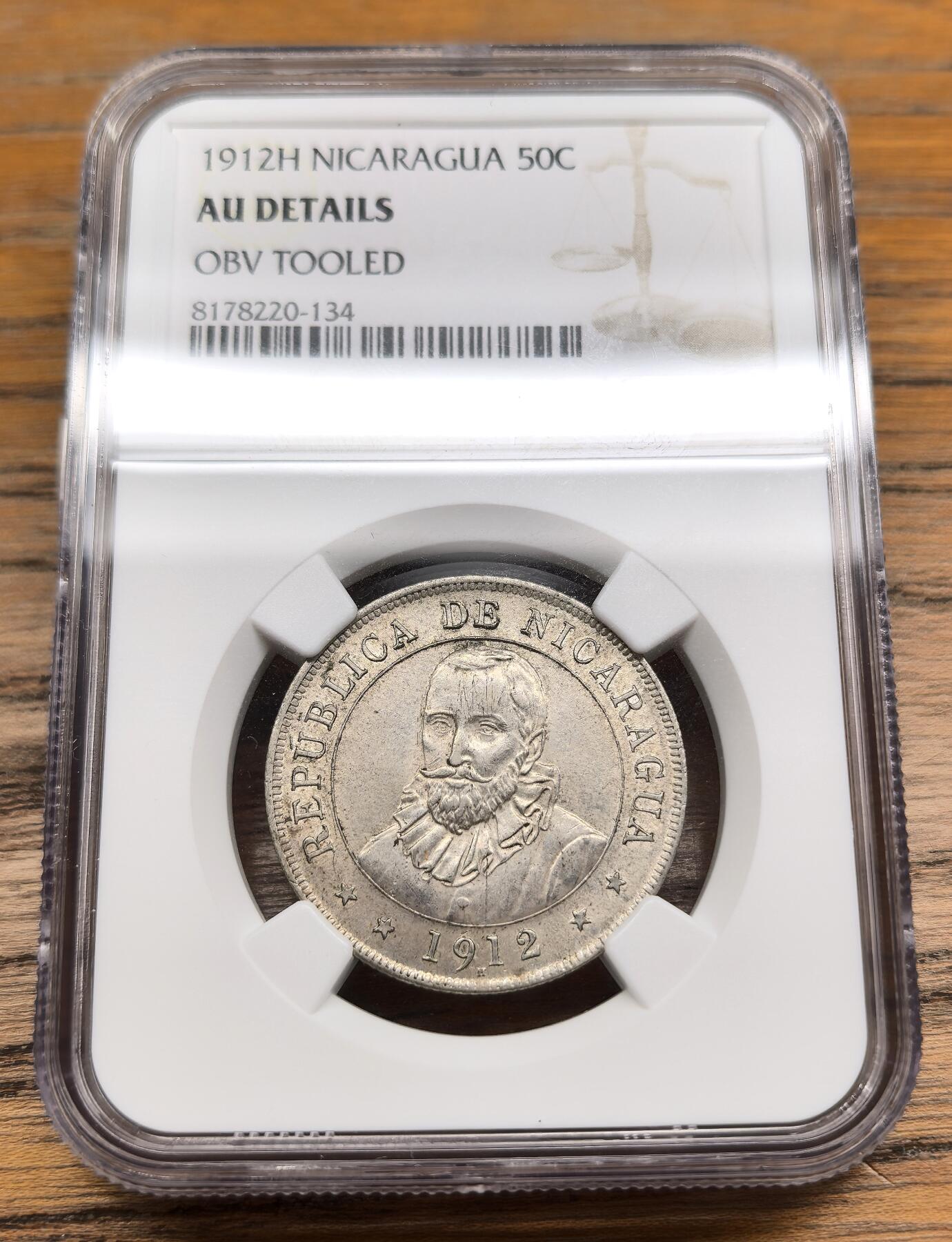 凡希社世界钱币微拍第二百九十一期 1912H尼加拉瓜50分银币NGC-AUD
