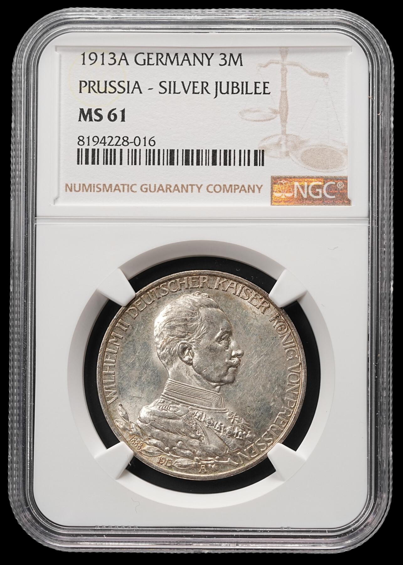 修遠堂世界钱币第四十八期 全场包邮 NGC MS61 1913年普鲁士威廉二世登基25周年纪念3马克银币