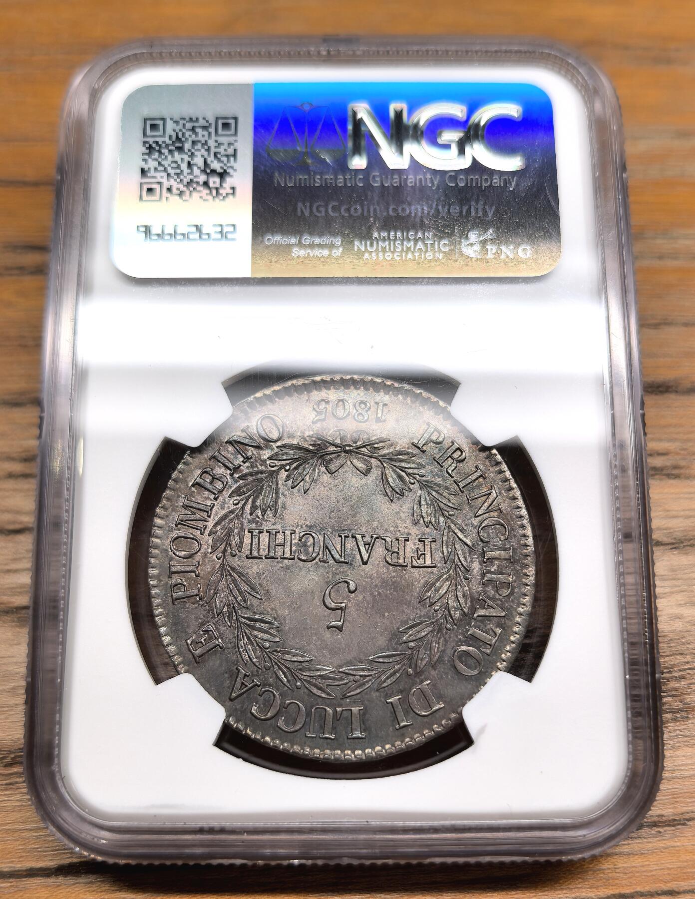 凡希社世界钱币微拍第二百九十一期 荐！1805意大利卢卡5法郎大银NGC-UNCD，底板极佳，压铸细节一流，没分但实物上手绝对惊艳，建议纸袋保存一段时间！(视频参考)