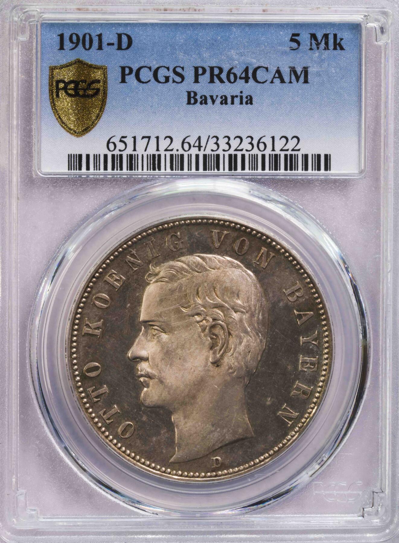 PCGS-PR64CAM 1901D巴伐利亚奥托5马克精制银币 冠军特年