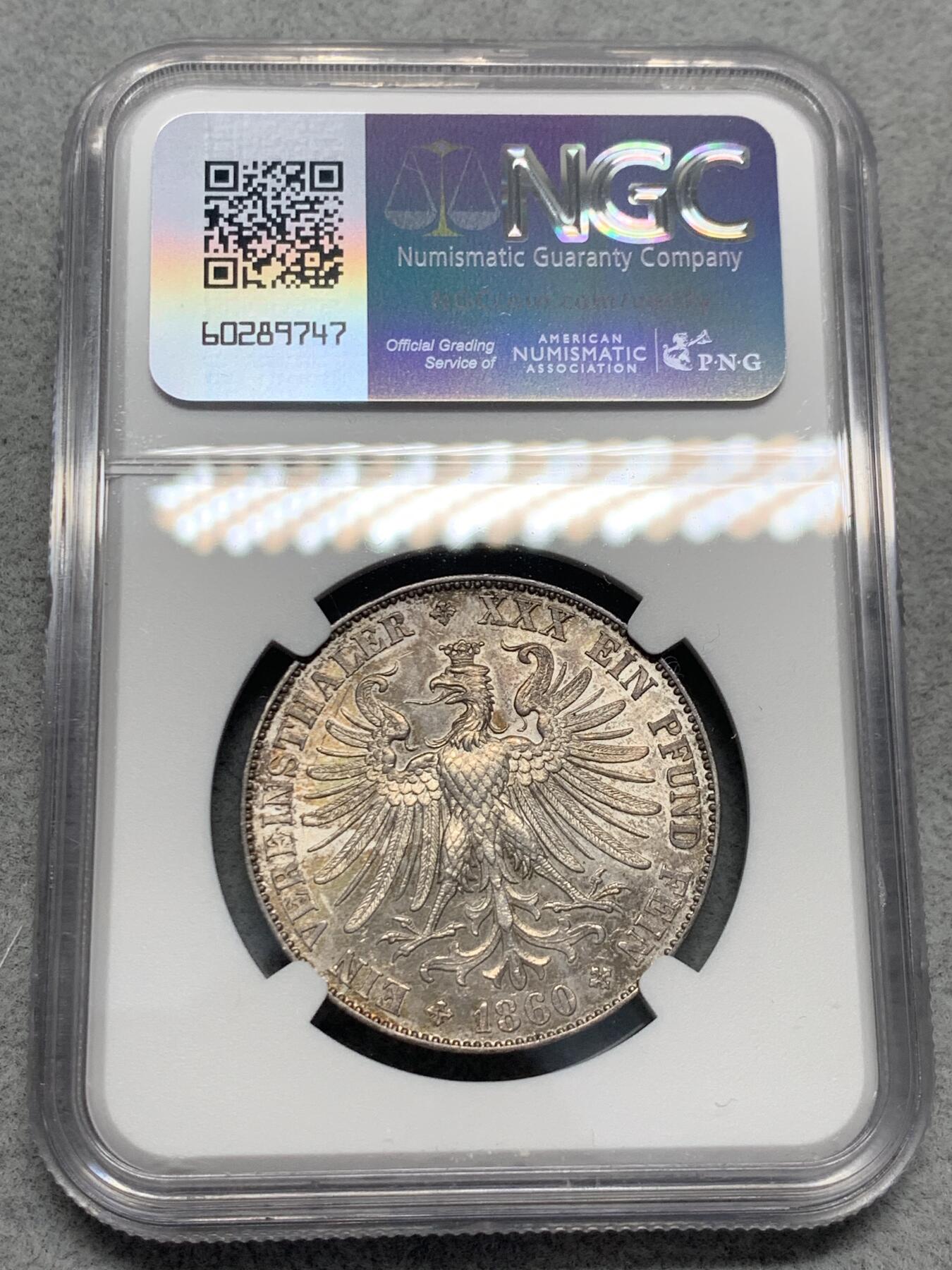 《竞宝斋》第331场 周日，周一 2场连拍 （全场包邮） NGC AU58 德国1860年法兰克福少女五彩流通1泰勒 个人感觉低评了