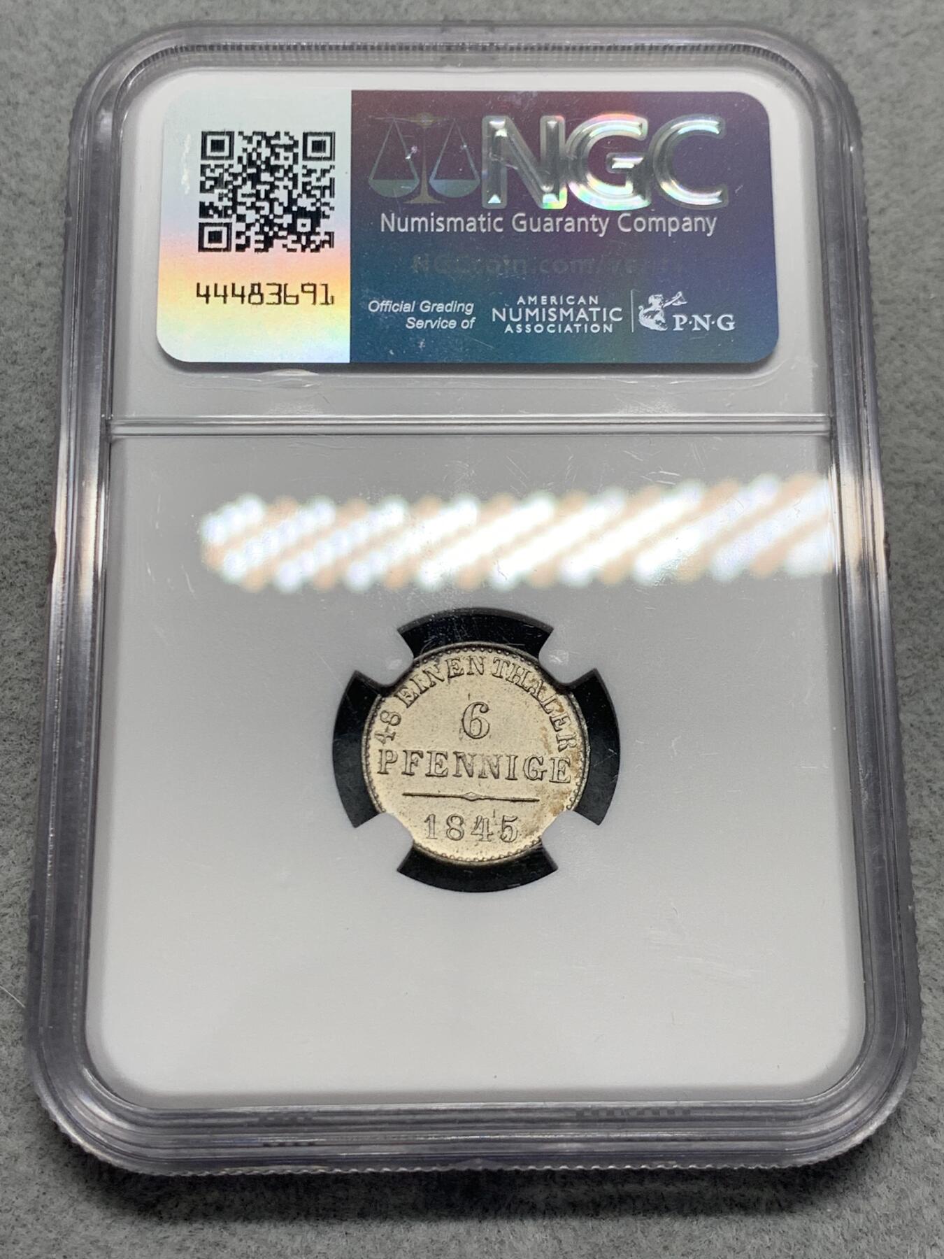 《竞宝斋》第331场 周日，周一 2场连拍 （全场包邮） NGC UNC 德国1845年B版汉诺威奔马6芬尼 少见小辅币