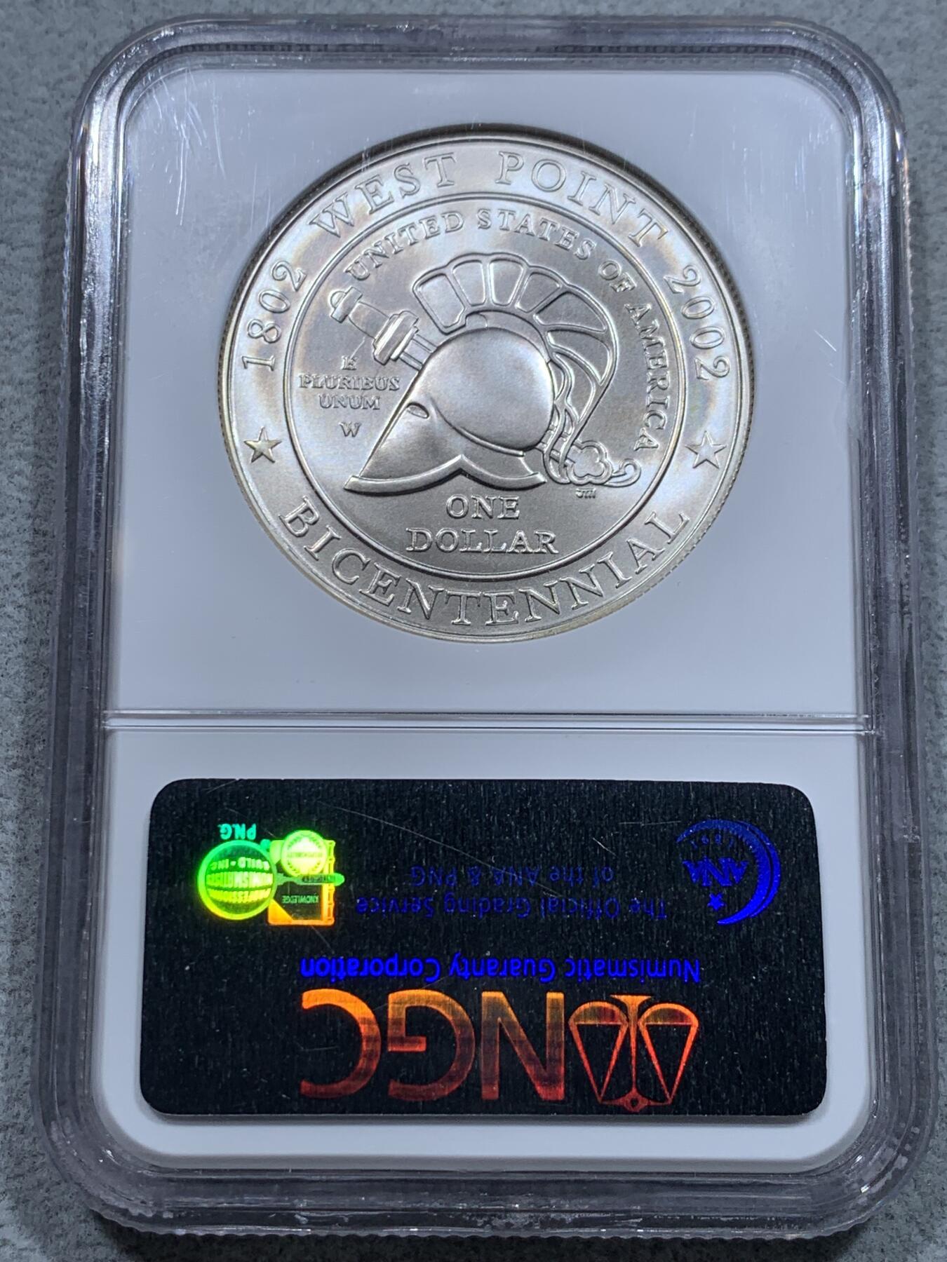 《竞宝斋》第331场 周日，周一 2场连拍 （全场包邮） NGC MS70 美国2002年西点军校200周年1美元磨砂纪念银币（重26.73克，900银，币径38.1MM）荣膺克劳斯2004年度最佳克朗币大奖