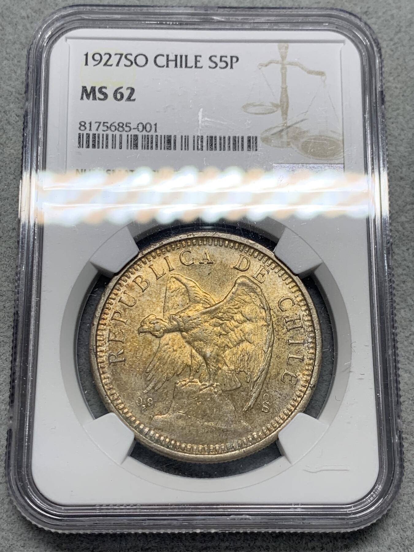 《竞宝斋》第331场 周日，周一 2场连拍 （全场包邮） NGC MS62 智利1927年5比索银币 币面黄油转光，状态不错