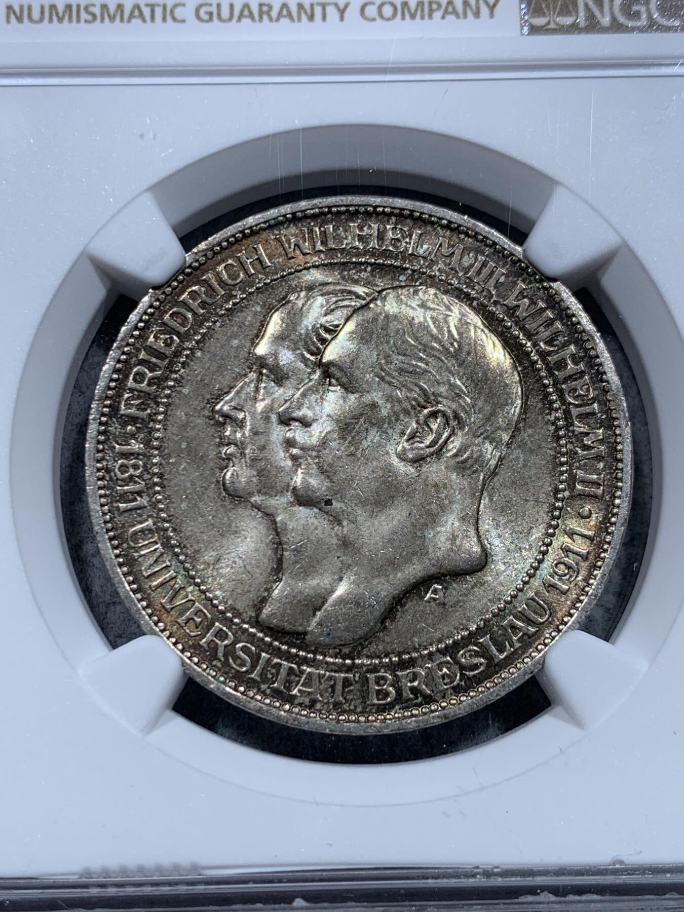 《竞宝斋》第331场 周日，周一 2场连拍 （全场包邮） NGC MS64 德国1911A年普鲁士布雷斯劳大学3马克银币 分数不错 品种少见