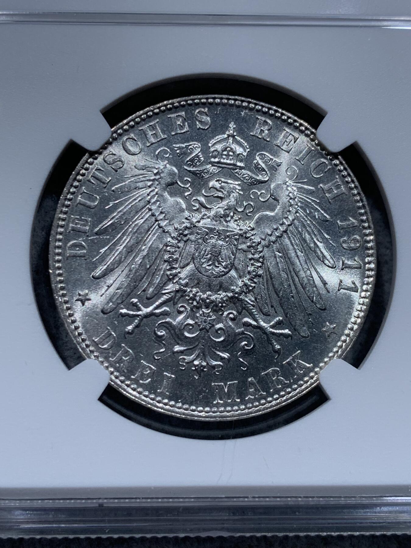 《竞宝斋》第331场 周日，周一 2场连拍 （全场包邮） NGC MS64 德国1911D巴伐利亚奥波德3马克银币转光好品。