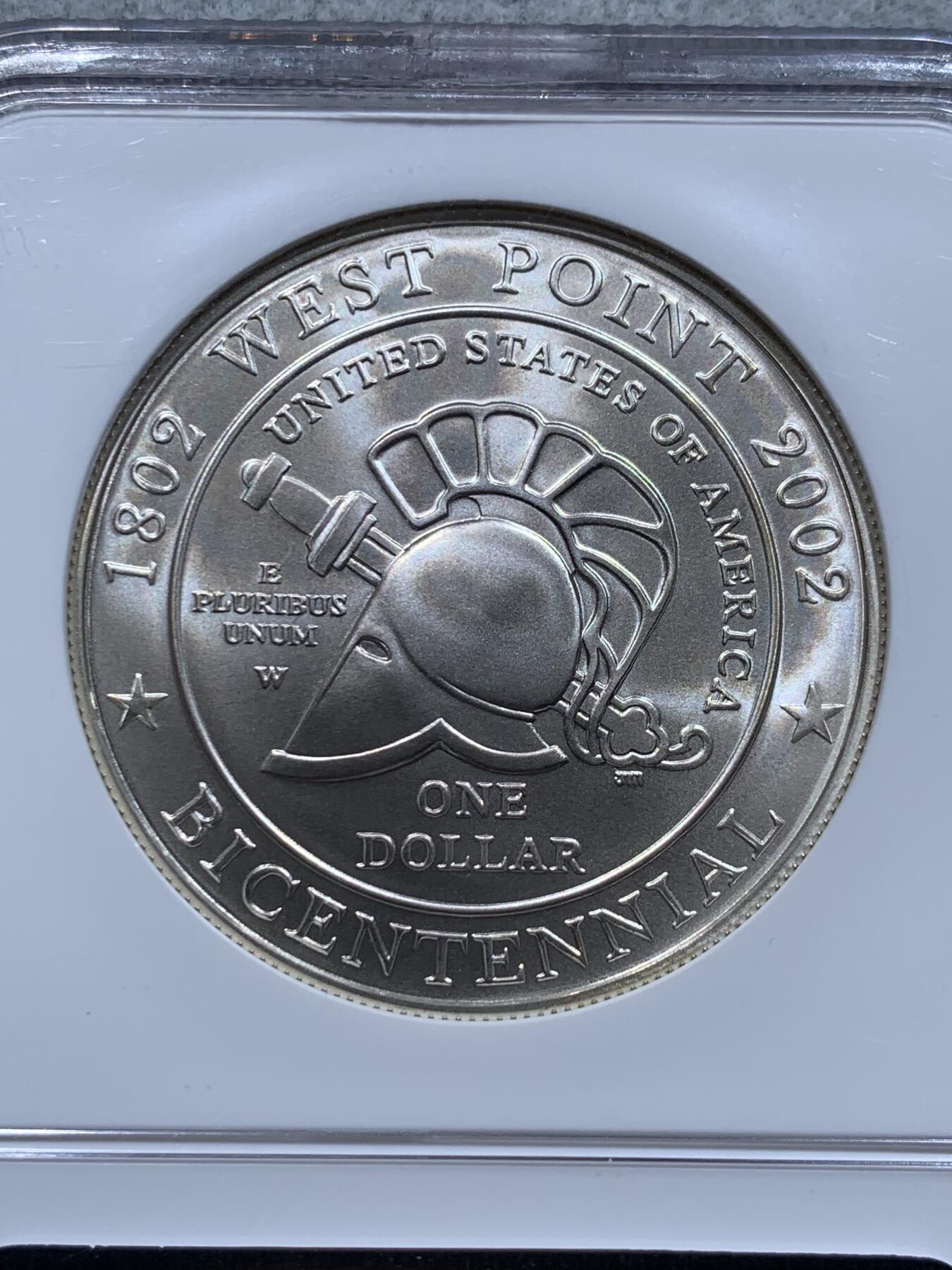 《竞宝斋》第331场 周日，周一 2场连拍 （全场包邮） NGC MS70 美国2002年西点军校200周年1美元磨砂纪念银币（重26.73克，900银，币径38.1MM）荣膺克劳斯2004年度最佳克朗币大奖