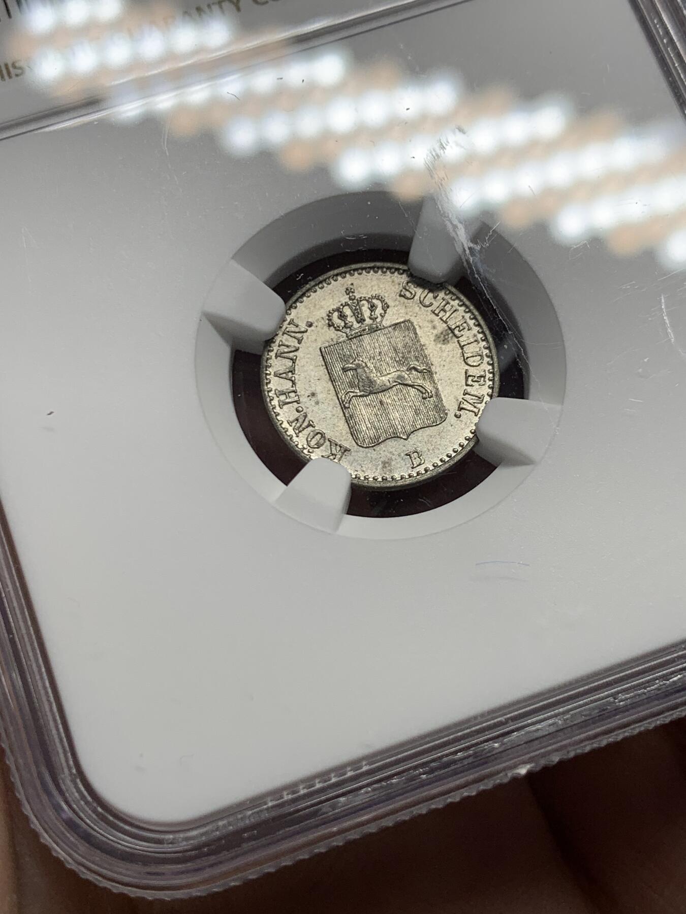 《竞宝斋》第331场 周日，周一 2场连拍 （全场包邮） NGC UNC 德国1845年B版汉诺威奔马6芬尼 少见小辅币