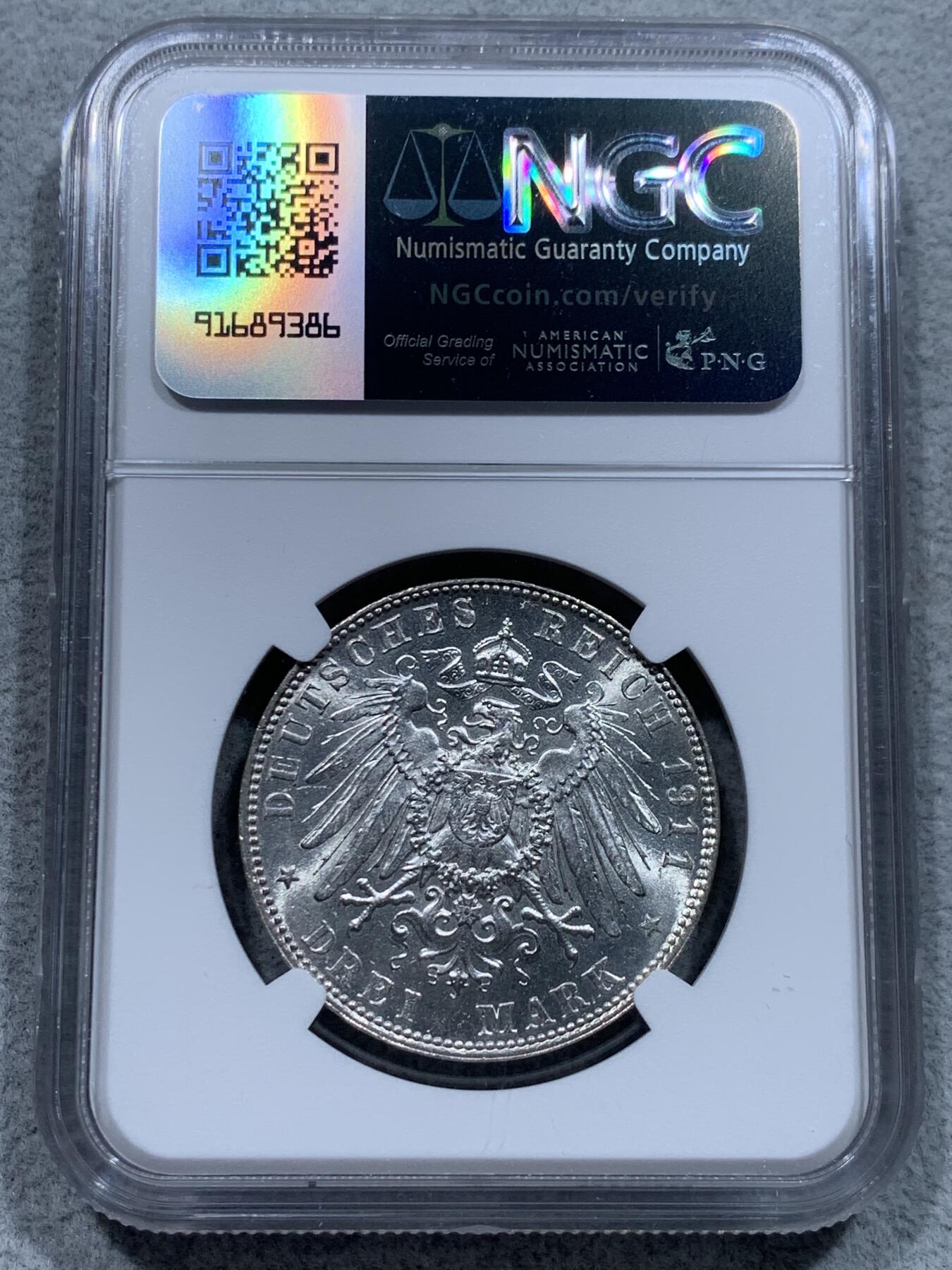 《竞宝斋》第331场 周日，周一 2场连拍 （全场包邮） NGC MS64 德国1911D巴伐利亚奥波德3马克银币转光好品。