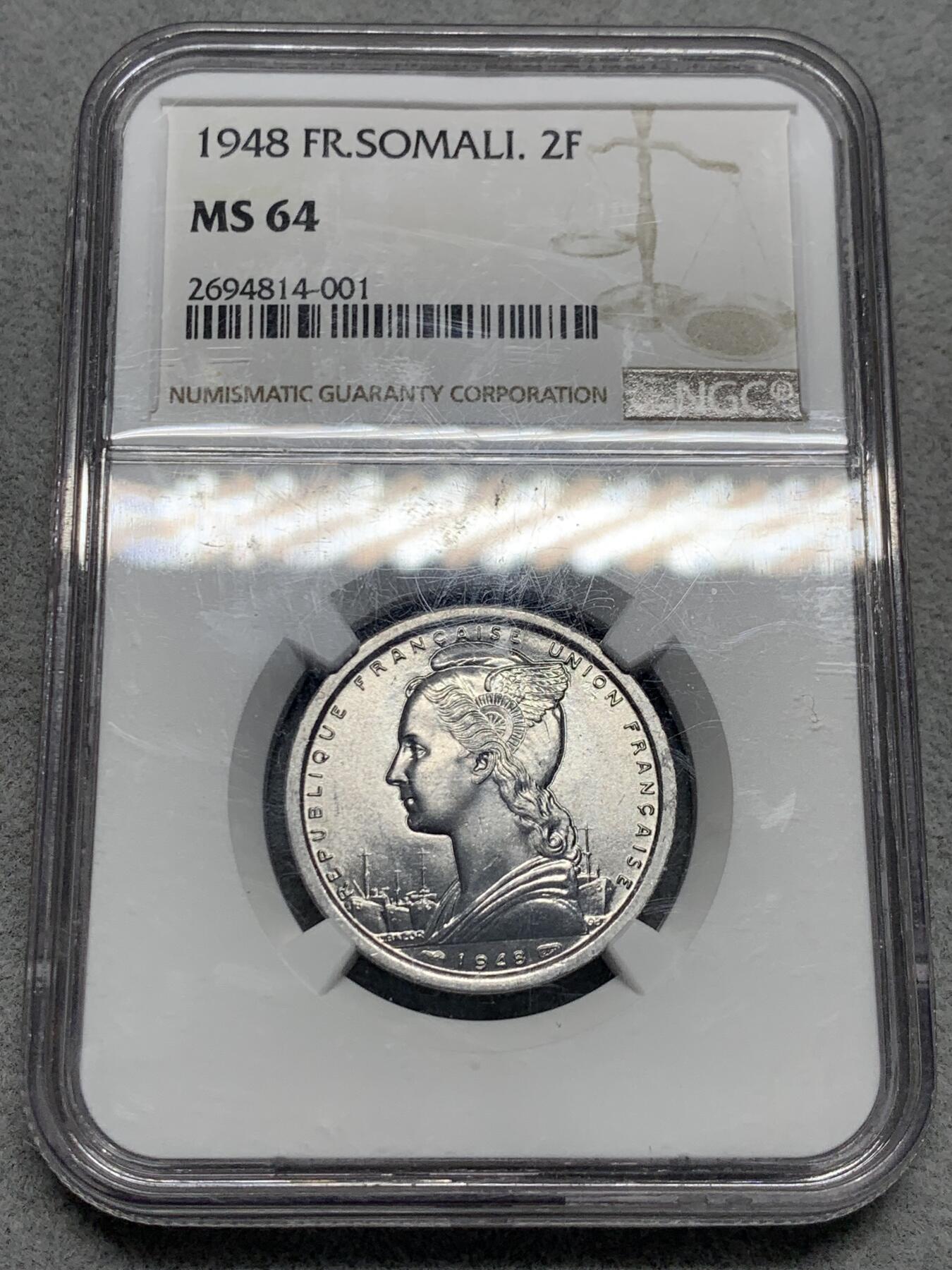 《竞宝斋》第331场 周日，周一 2场连拍 （全场包邮） NGC MS64 法属 索马里 1948 2法郎 高分少见品