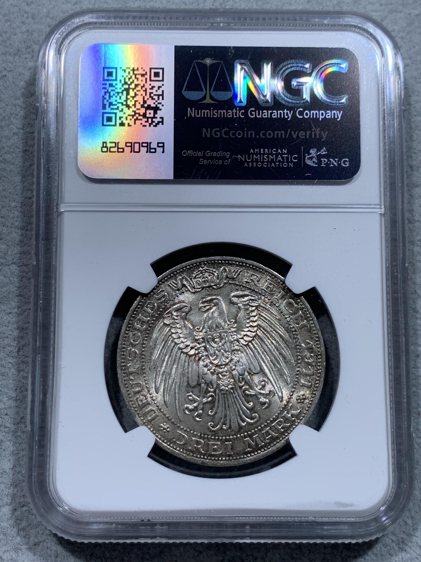 《竞宝斋》第331场 周日，周一 2场连拍 （全场包邮） NGC MS64 德国1911A年普鲁士布雷斯劳大学3马克银币 分数不错 品种少见