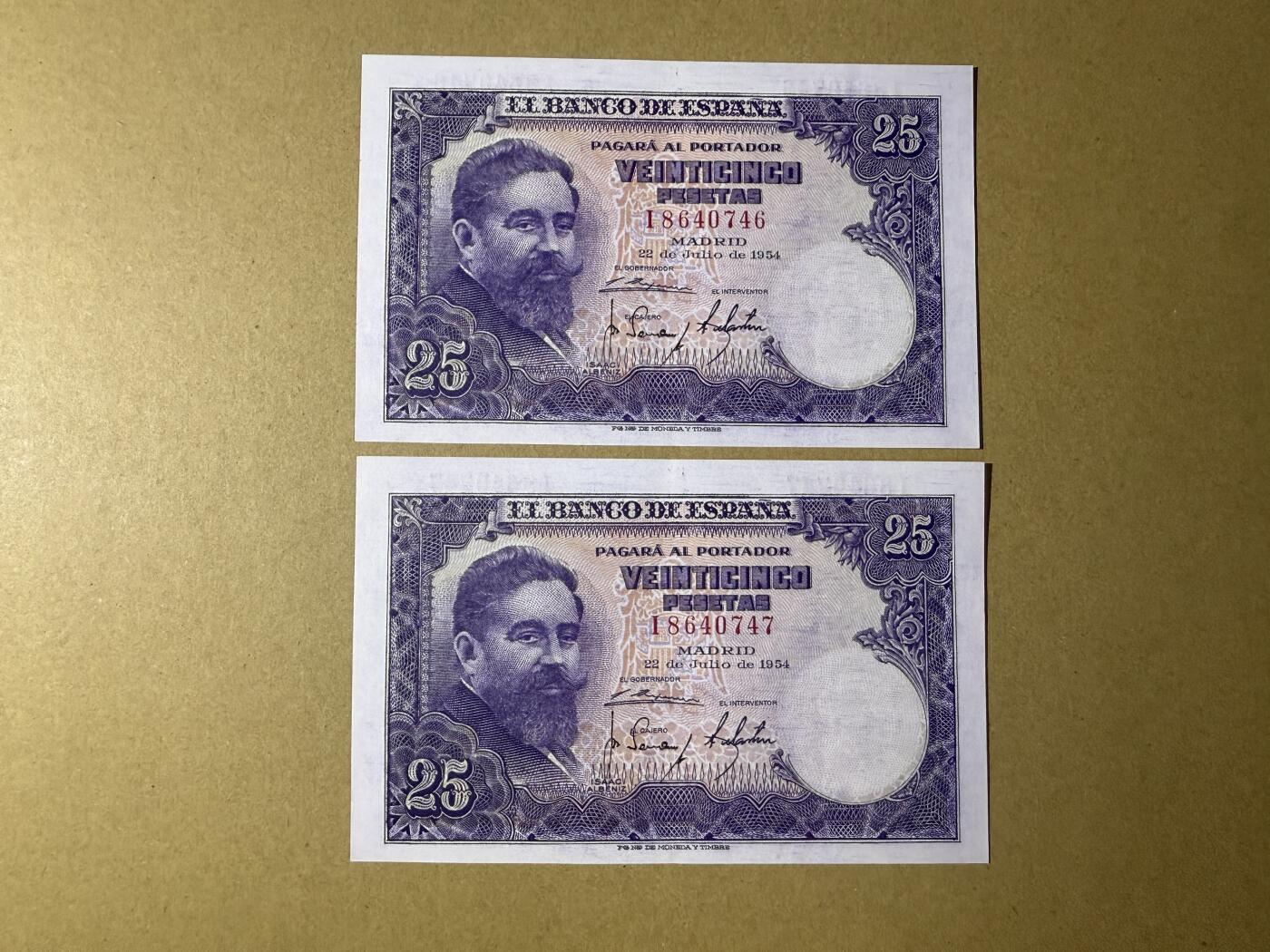 《张总收藏》177期-周三外币精选场 西班牙25比塞塔2张 UNC 1954年 连号2张