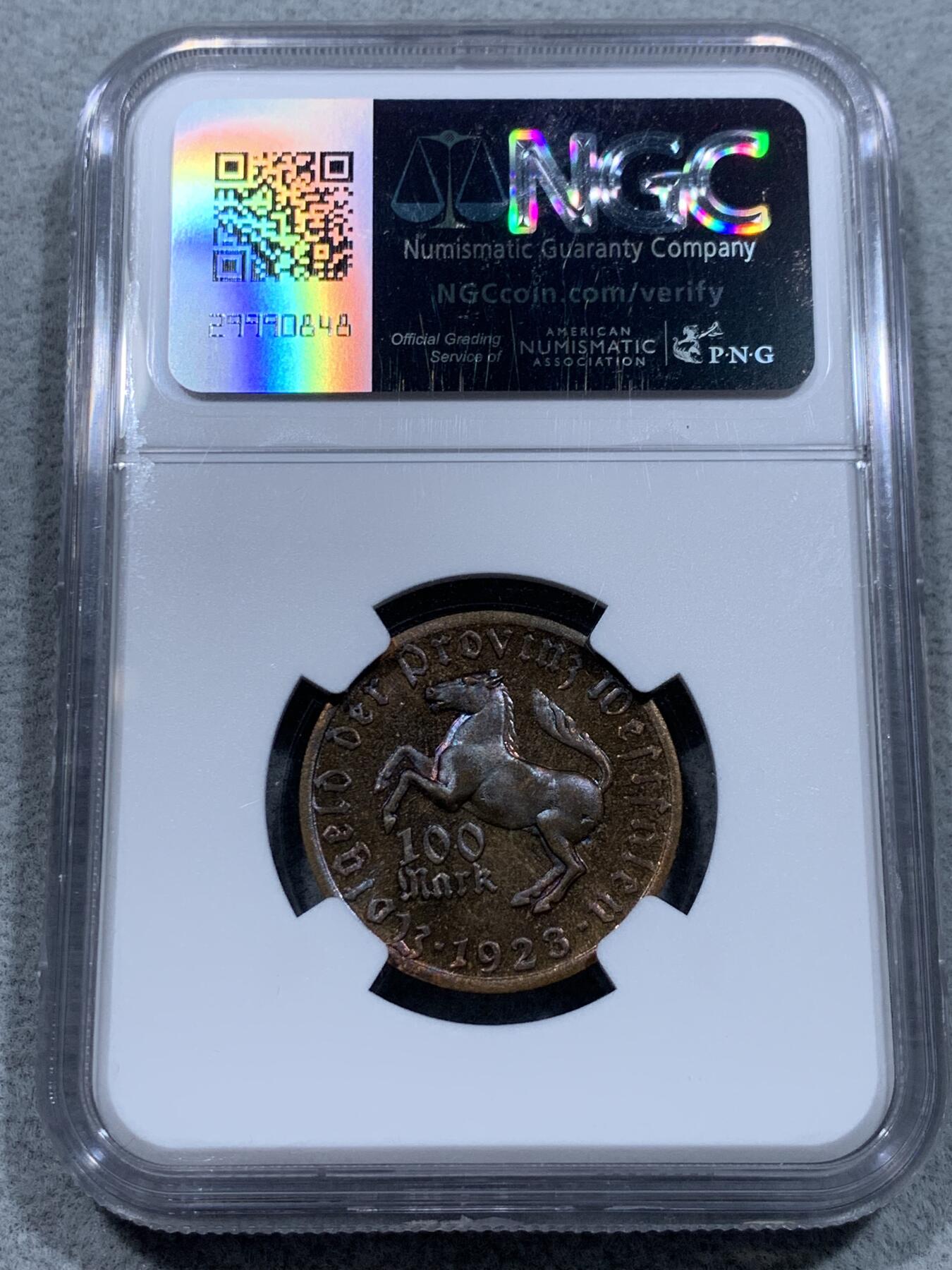《竞宝斋》第331场 周日，周一 2场连拍 （全场包邮） NGC MS63BN 1923年德紧100马克 底板有镜面感！十分漂亮的一枚