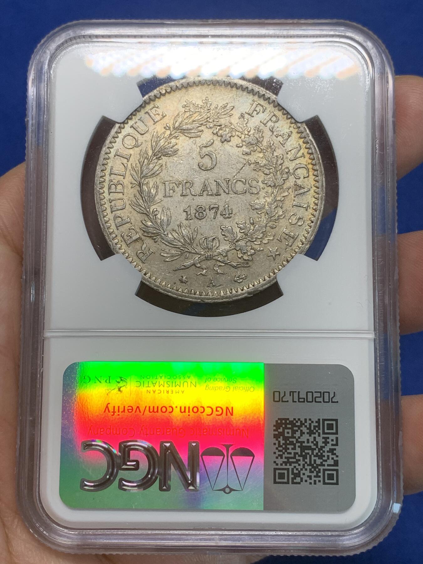 《竞宝斋》第332场 周日，周一 2场连拍 （全场包邮） NGC AU55 法国1874年大力神5法郎银币