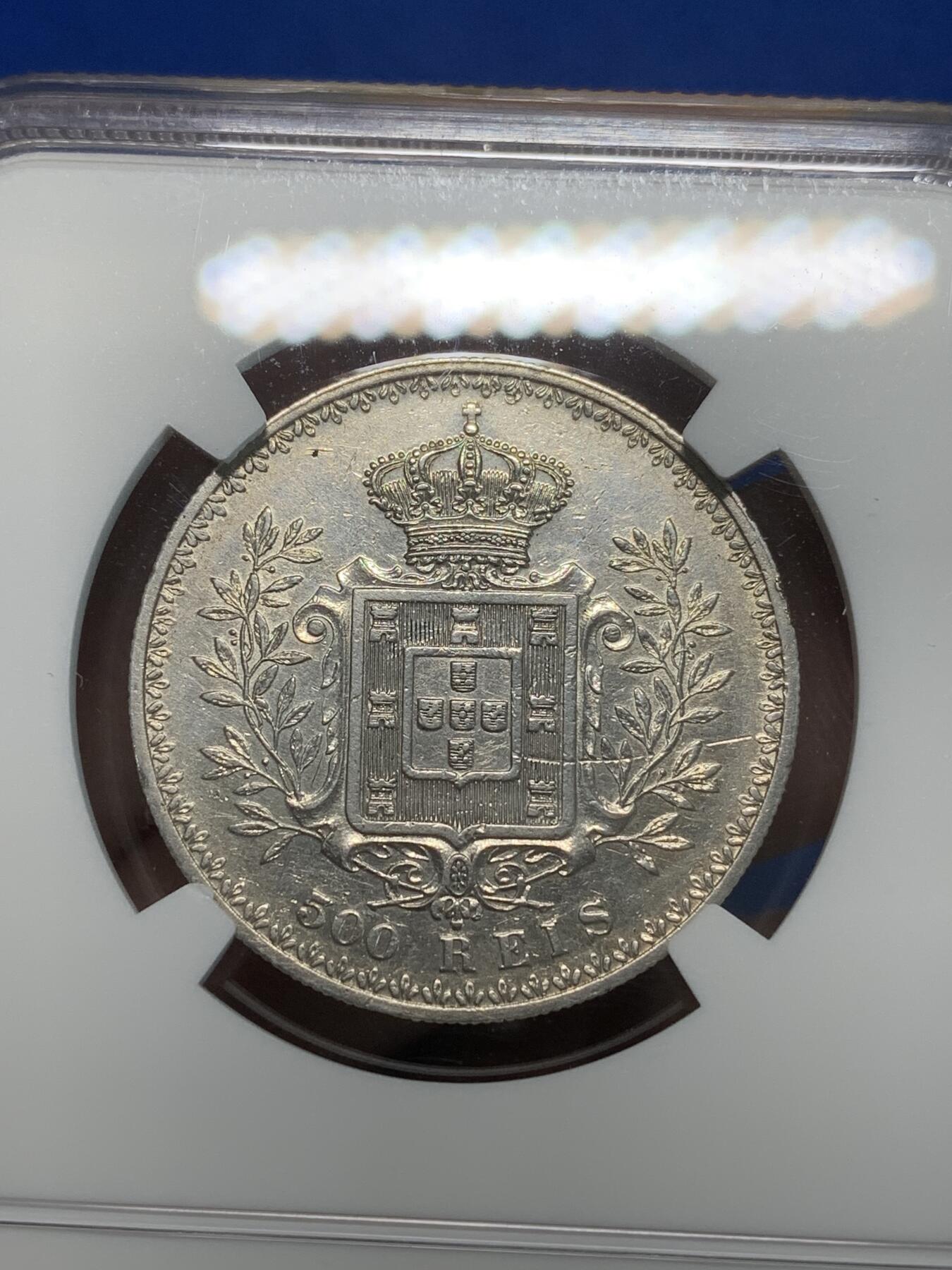 《竞宝斋》第332场 周日，周一 2场连拍 （全场包邮） NGC AUD 葡萄牙 1899年 500瑞斯银币 0.9170高银 细节都在