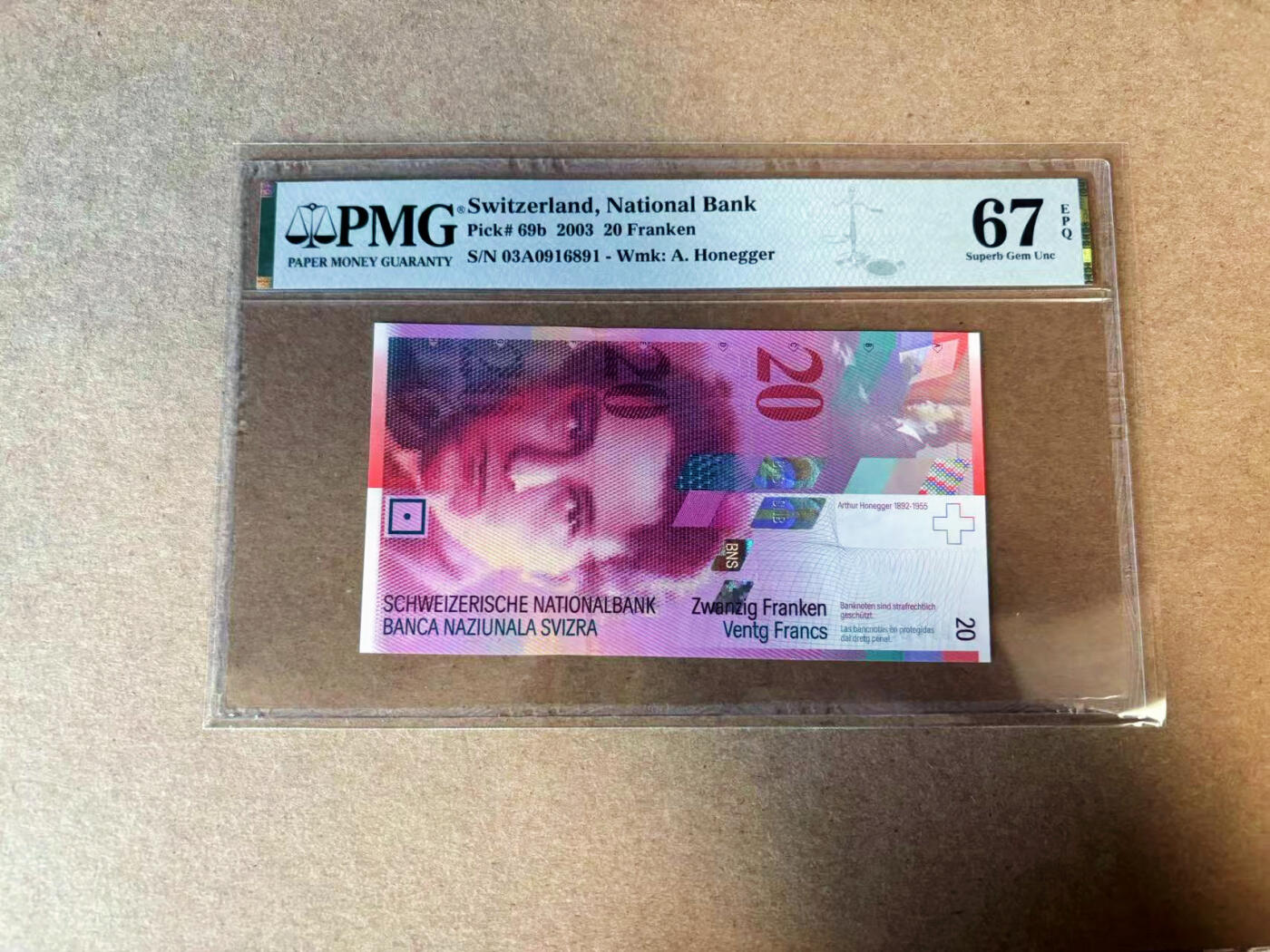 【Blue Auction】✨世界纸币精拍第585期【精】 【A冠倒置号】瑞士 2003年20法郎 PMG67EPQ 高分