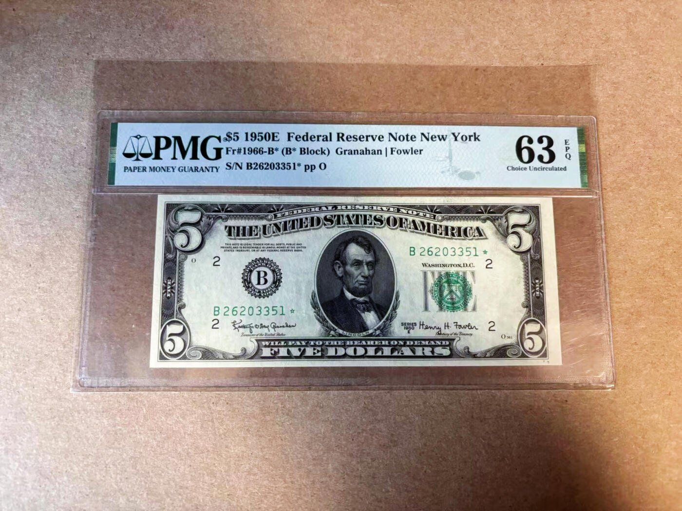 【Blue Auction】✨世界纸币精拍第585期【精】 【补号无47】美国 1950E 5美金 PMG63EPQ