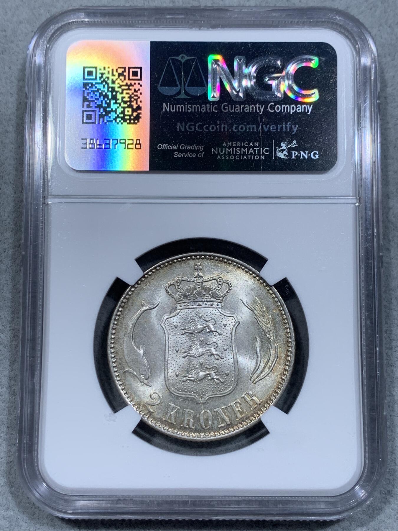 《竞宝斋》第332场 周日，周一 2场连拍 （全场包邮） NGC MS64  丹麦1916年流通版2克朗银币，流通版高分难得一遇，比各种纪念版的2克朗少见太多