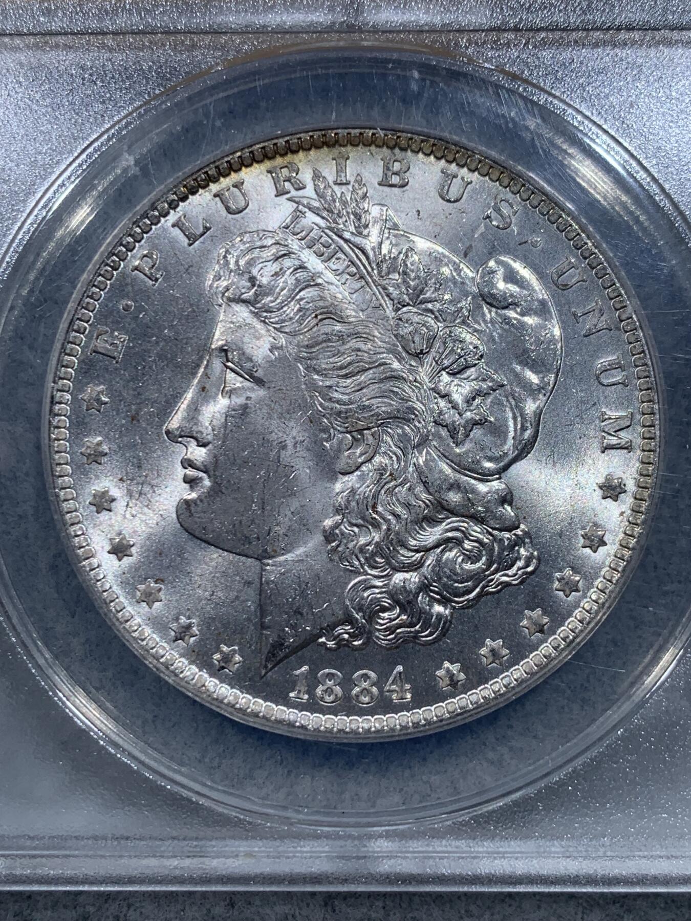 《竞宝斋》第332场 周日，周一 2场连拍 （全场包邮） ANACS MS63 美国摩根银币 1884年小版别 VAM-5