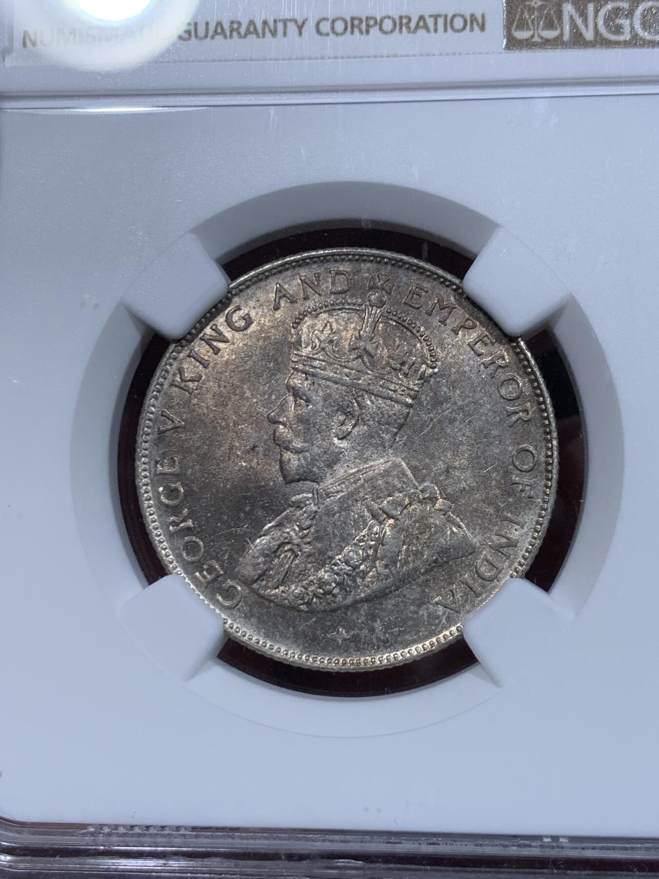 《竞宝斋》第332场 周日，周一 2场连拍 （全场包邮） NGC MS63 英属海峡殖民地1921年乔治五世50分银币 底光不错，原味淡彩包浆，潜力亚殖品种。