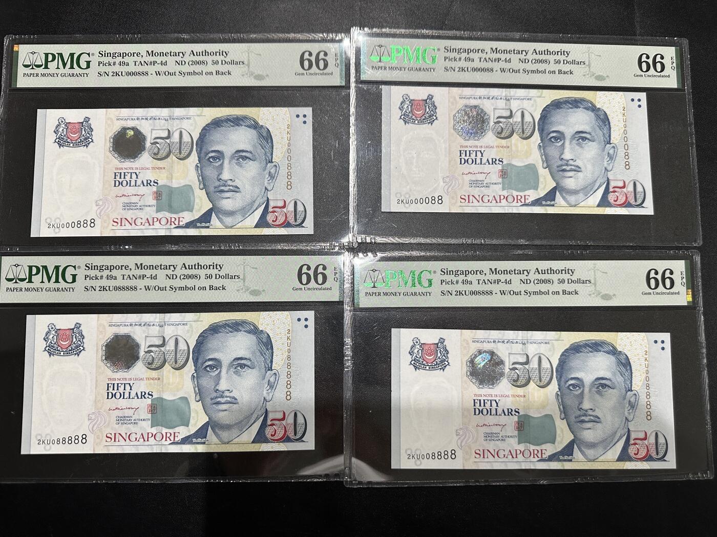 《外钞收藏家》第四百四十五期（新加坡靓号精品为主） 2008年新加坡人像版50元 四张起 尾88、888、8888、88888 PMG66 无47