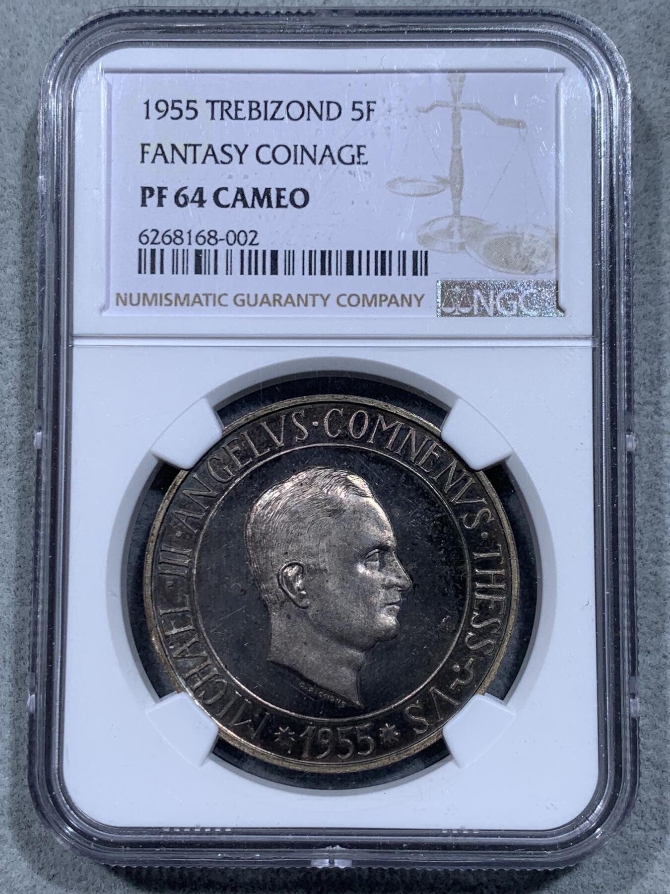 《竞宝斋》第332场 周日，周一 2场连拍 （全场包邮） NGC PF64CAMEO 特拉布宗 1955年 臆造5法郎银币 出自珍惜币目录  发行仅100枚 少见品种