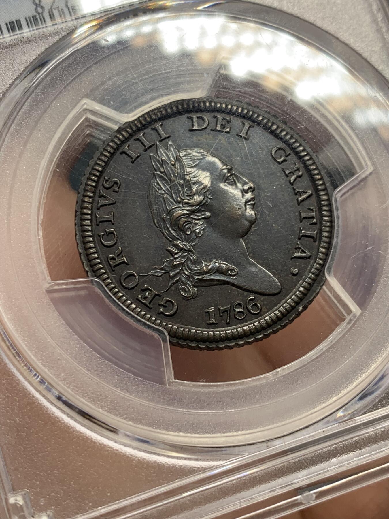 《竞宝斋》第332场 周日，周一 2场连拍 （全场包邮） PCGS PR63BN 马恩岛1786年乔治三世半便士铜币，书价极高