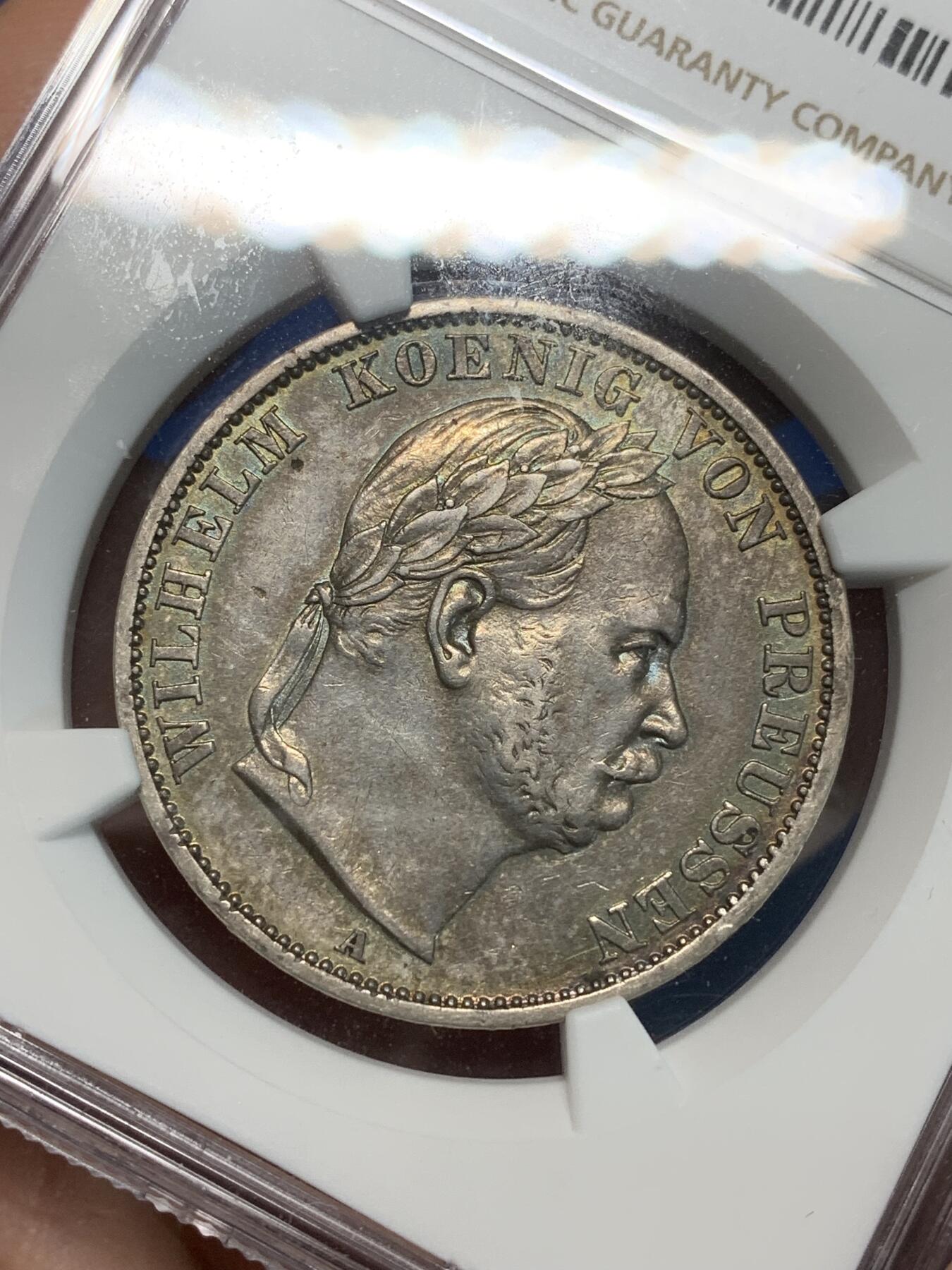 《竞宝斋》第332场 周日，周一 2场连拍 （全场包邮） NGC AUD 德国1866年普鲁士普奥战争胜利纪念流通1泰勒银币 经典品种