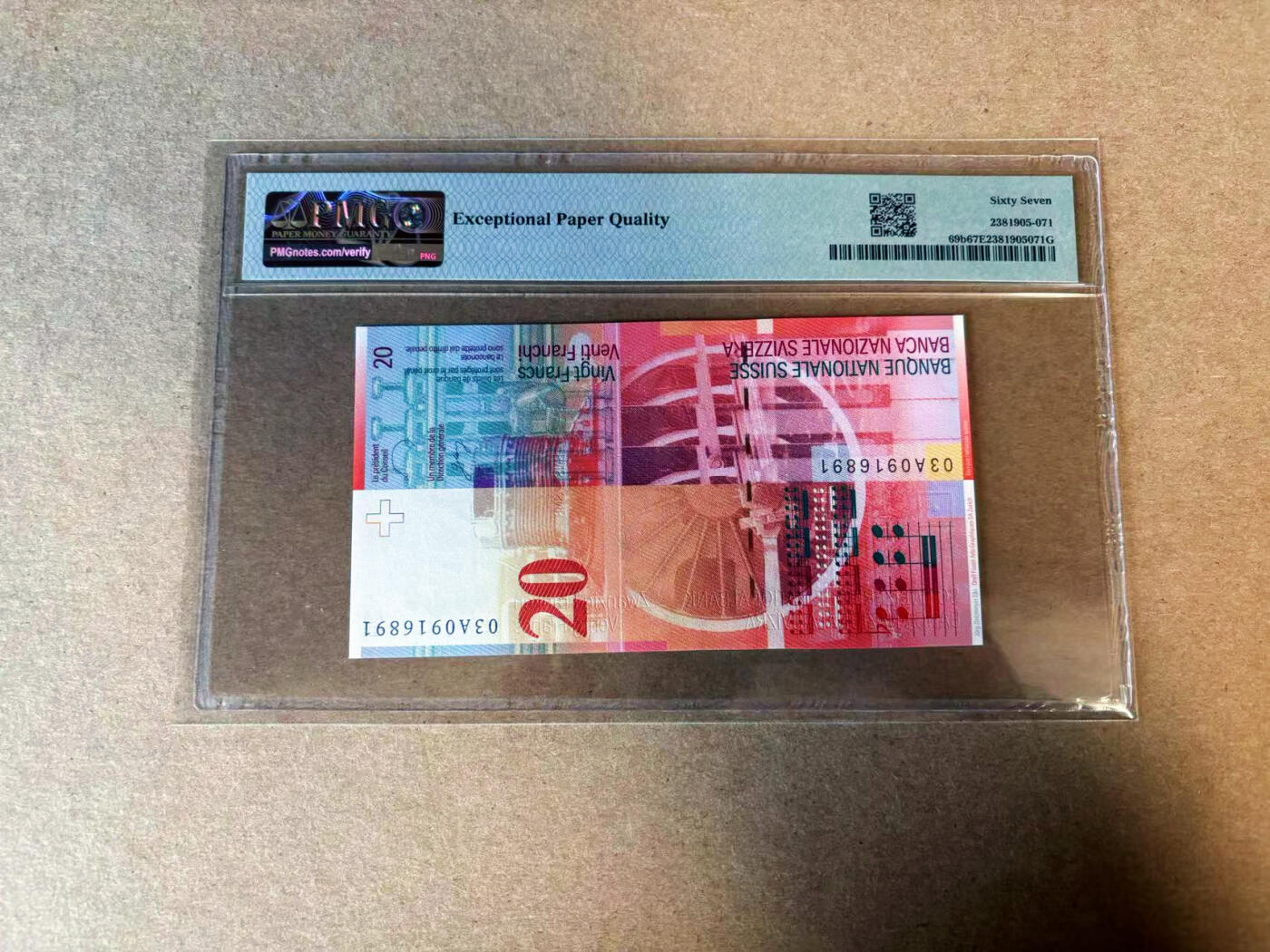 【Blue Auction】✨世界纸币精拍第585期【精】 【A冠倒置号】瑞士 2003年20法郎 PMG67EPQ 高分