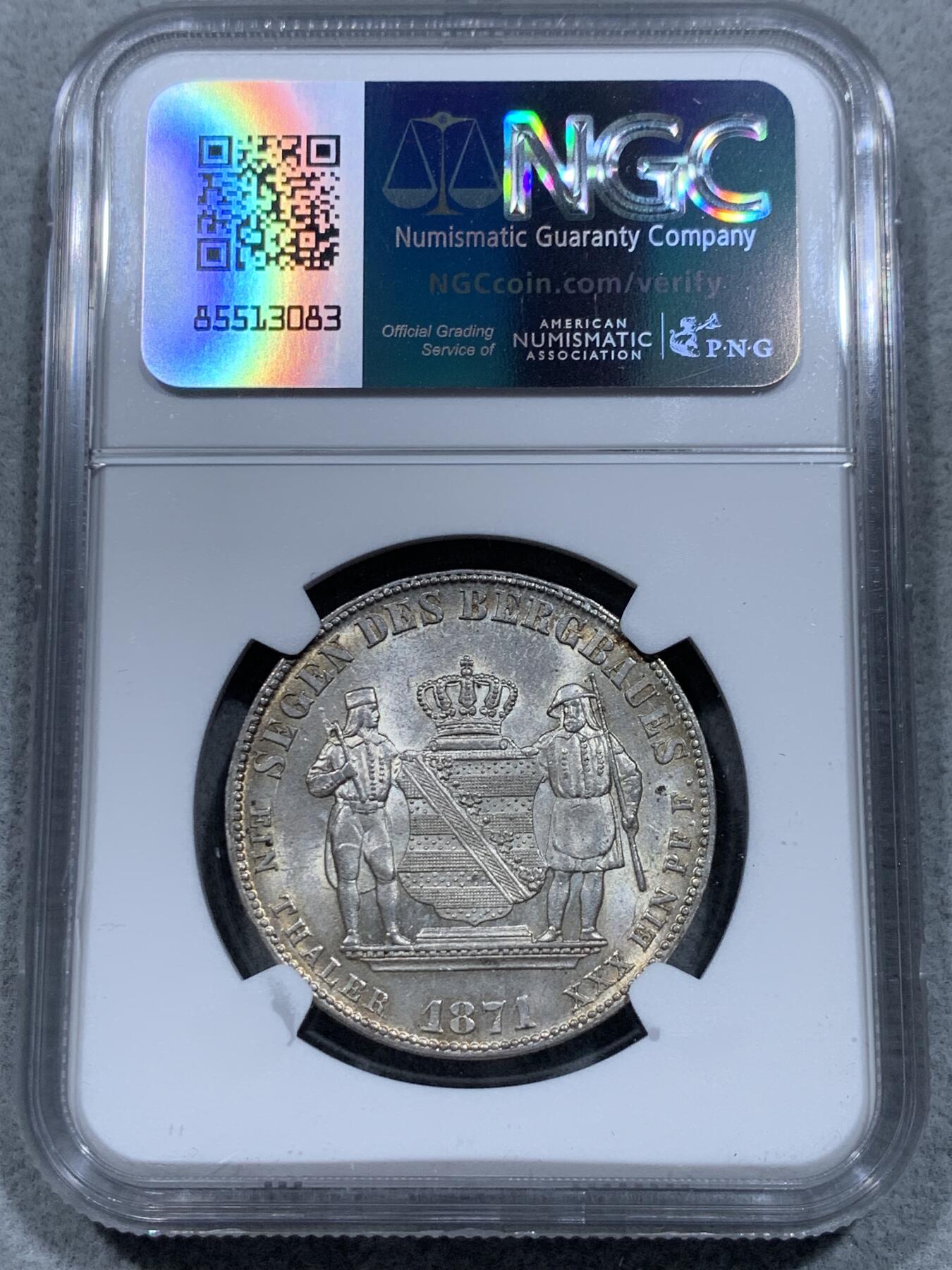 《竞宝斋》第332场 周日，周一 2场连拍 （全场包邮） NGC MS64 德国1871年萨克森矿业流通1泰勒 矿工人物刻画细致完整  底板细腻 转光好 亚军分数 高分难得 足以自藏 仅一枚更高分