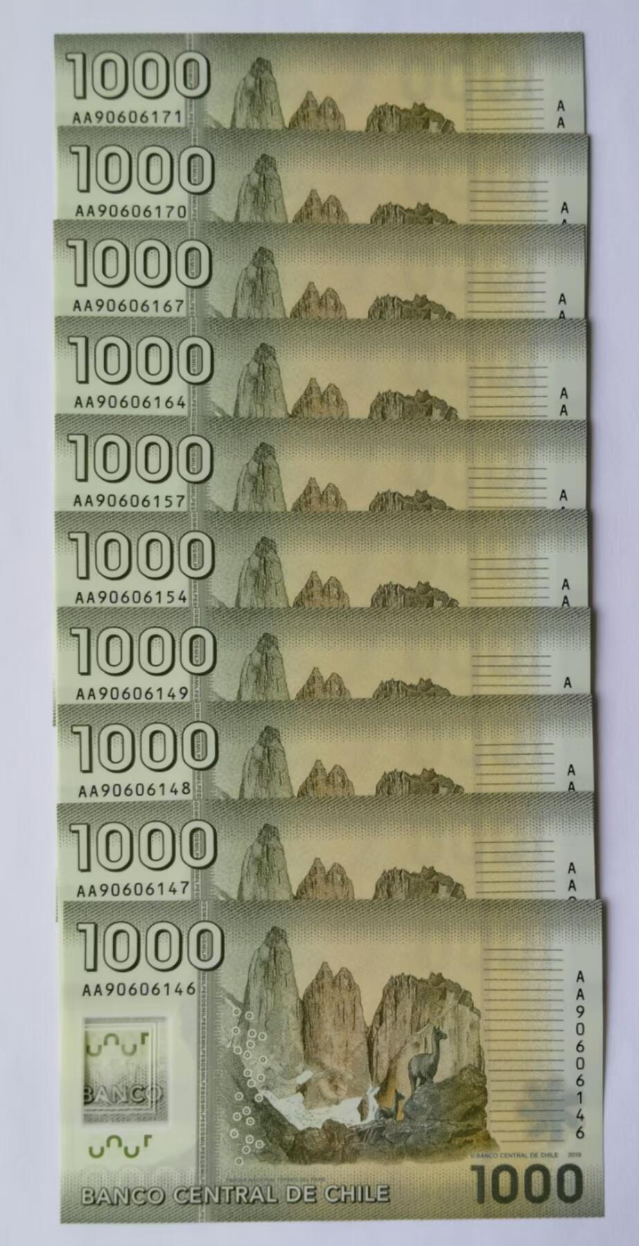 天和轩精品钱币第47场 全新UNC AA冠智利1000塑料钞（10张）