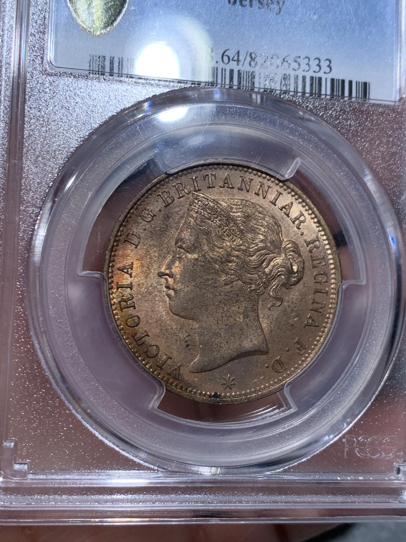 《竞宝斋》第332场 周日，周一 2场连拍 （全场包邮） PCGS MS64RB 冠军分 泽西岛1888年维多利亚女王1/12S大铜币，1/12S=1便士，三狮+中维头像，比本土便士少很多。铜光靓丽，状态出色。